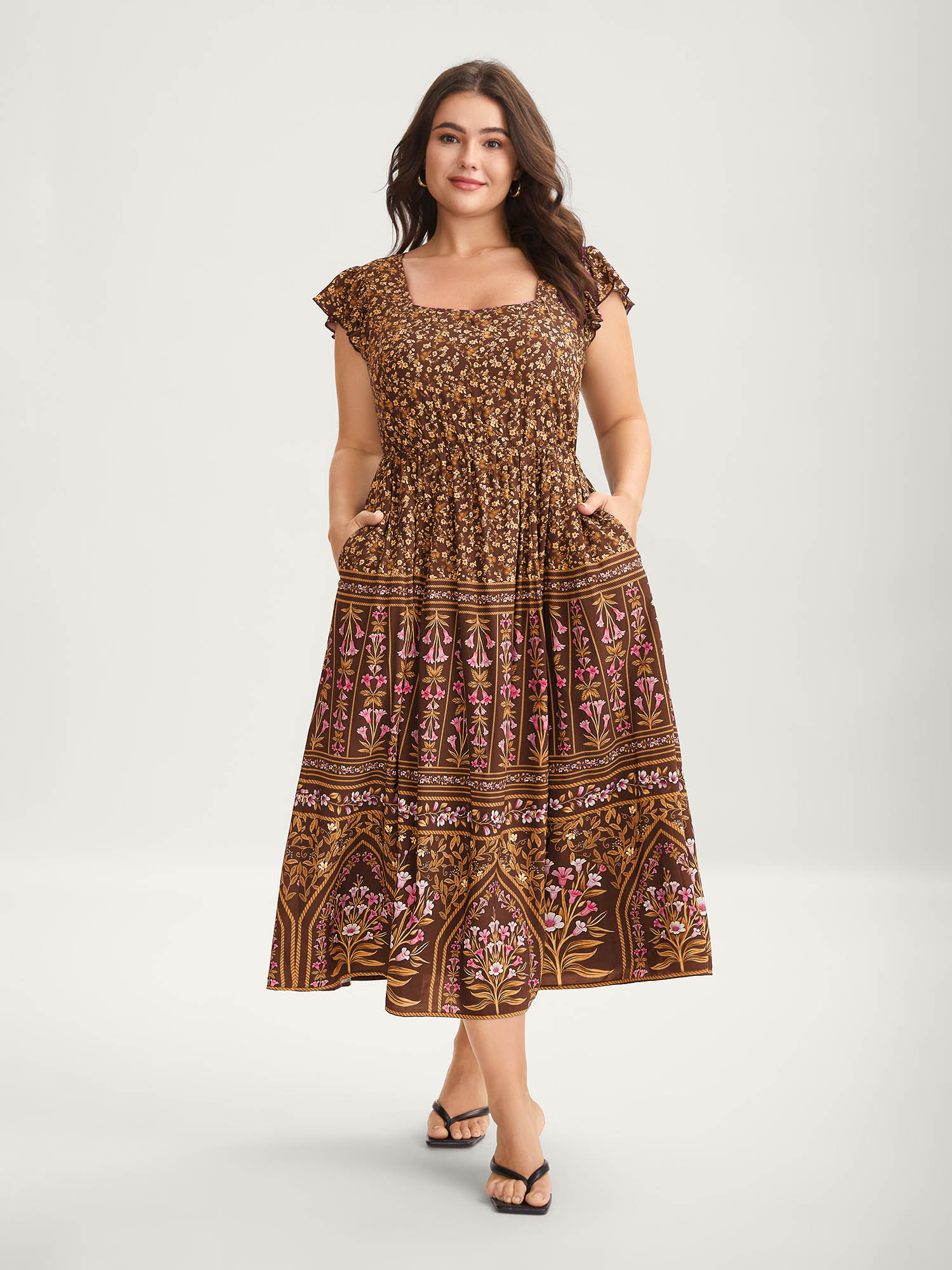 BloomChic Women's Plus Size Rayon Garden Fresh Ruffled Sleeve Midi Dress Rust Ethnic Floral Midi Vacation Ruffles 10/M