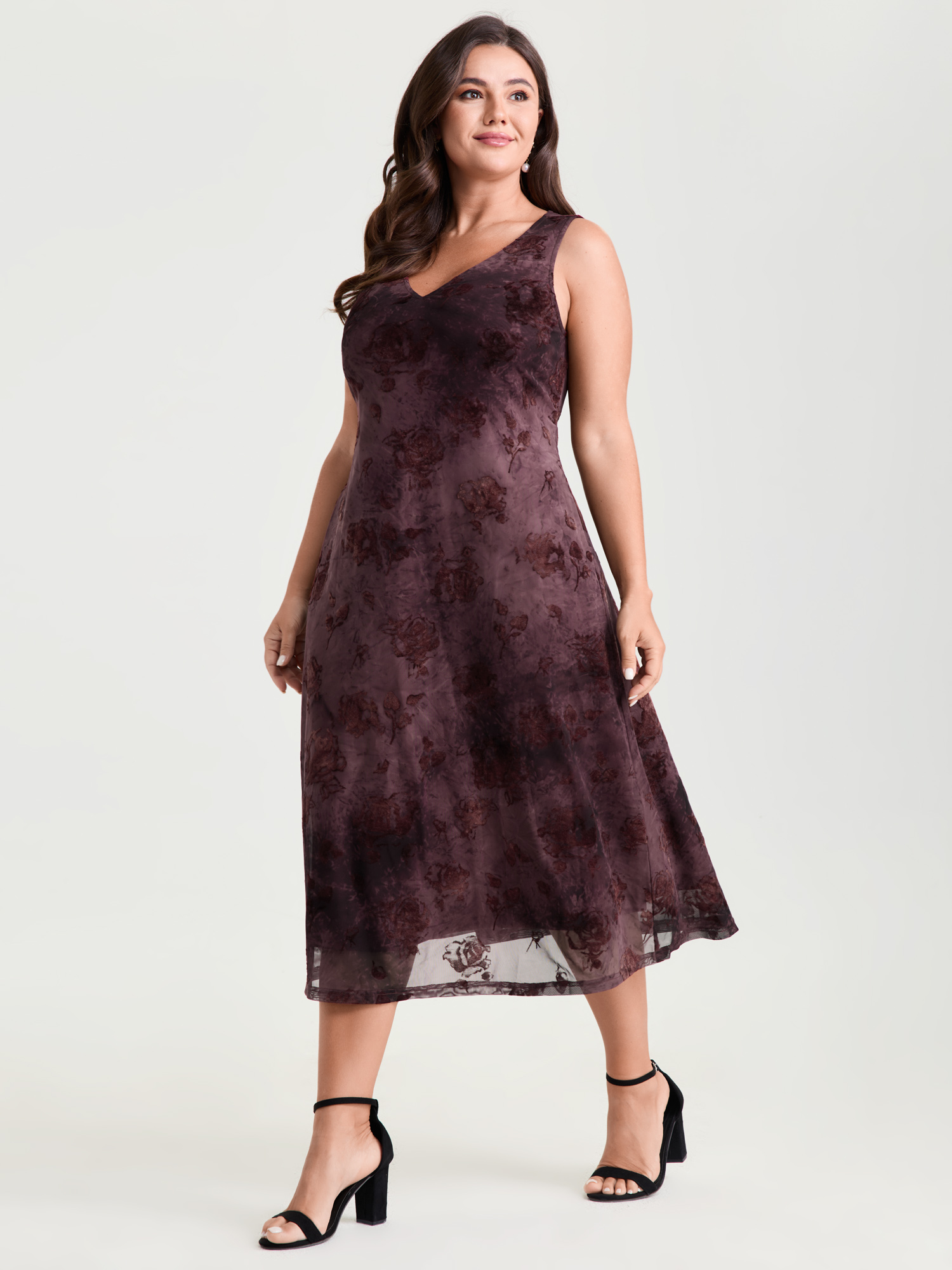 BloomChic Women's Plus Size Stretchy Mesh Deep V-Neckline Midi Dress Burgundy Gradient dyeing Midi Everyday-Elegant See through 18-20/2X