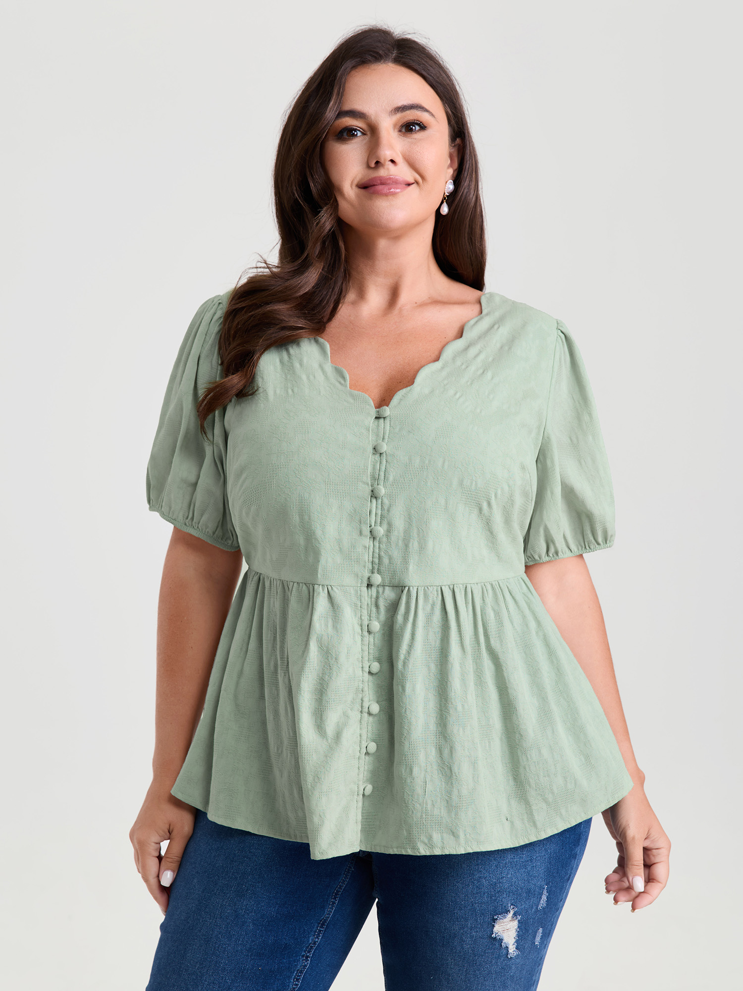 BloomChic Women's Plus Size Textured Fit And Flare Plain Blouse Silt Green Everyday-Elegant Short sleeve 10/M