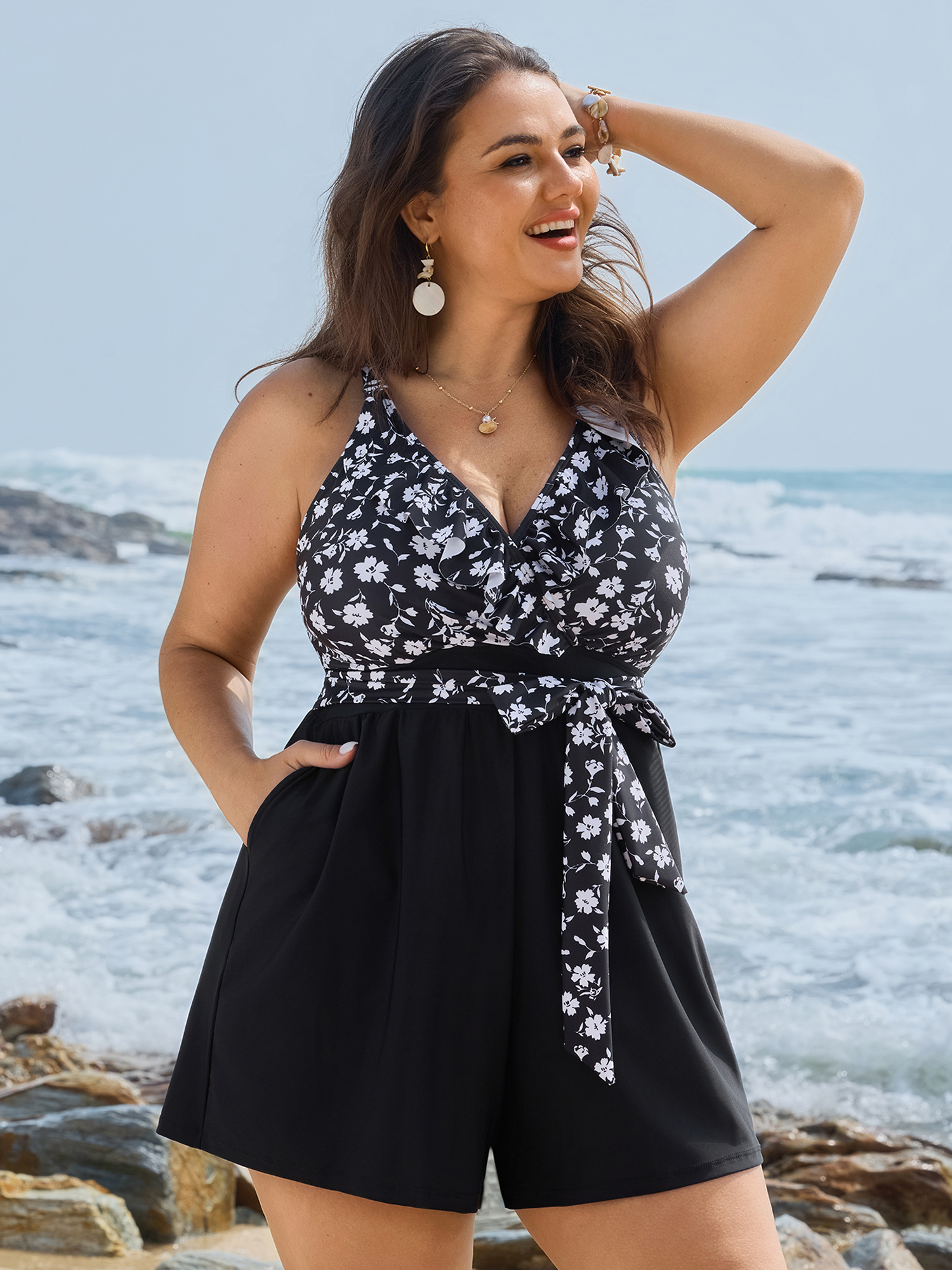 BloomChic Women's Plus Size Ditsy Floral Print Side-Tie One-Piece Swimsuit Black Ditsy Floral Belted Adaptive-Fit 12/L
