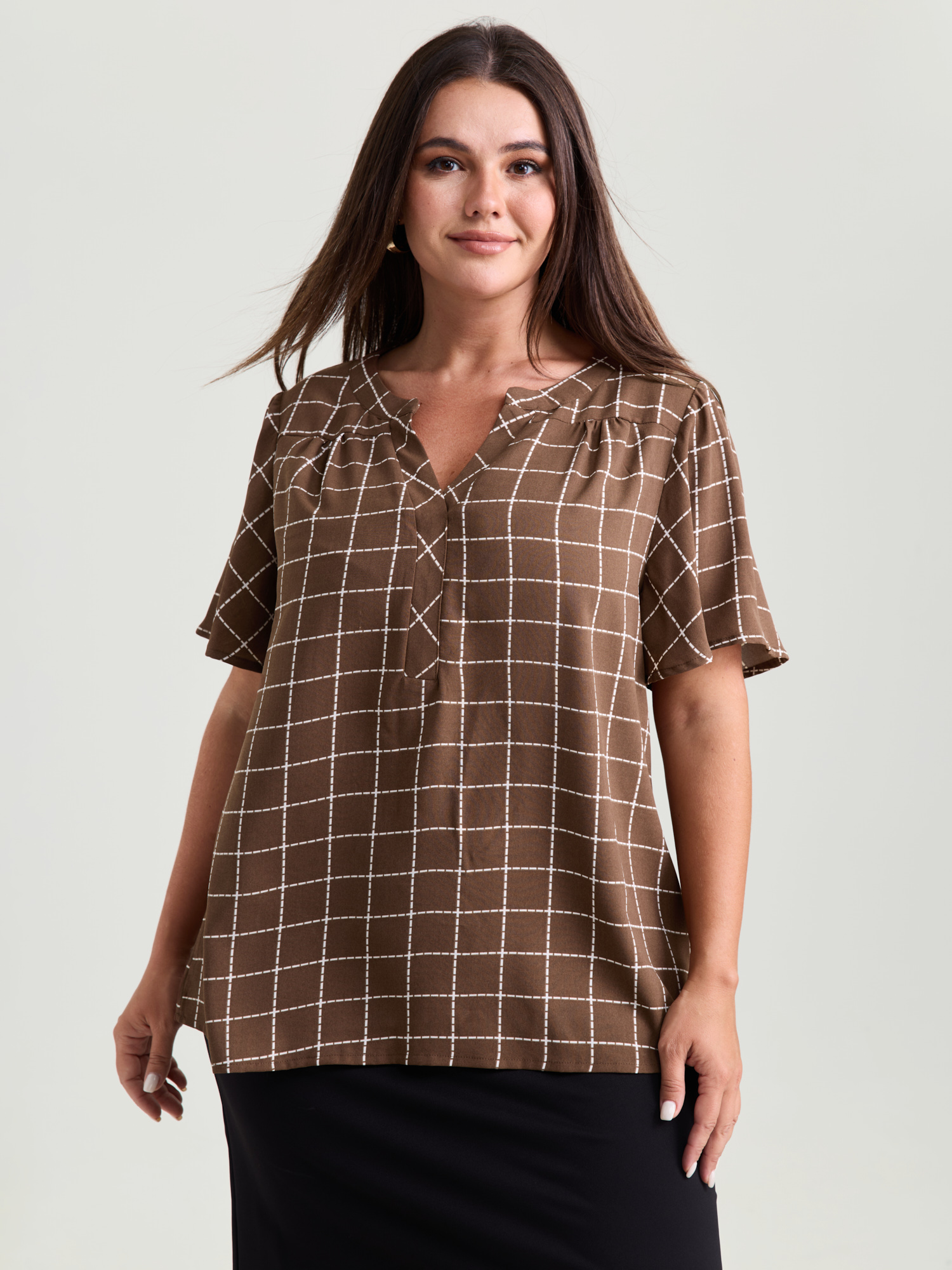BloomChic Women's Plus Size Checkered Notched Collar Panel Back Blouse Browncoffeecolor Plaid Office Short sleeve 22-24/3X