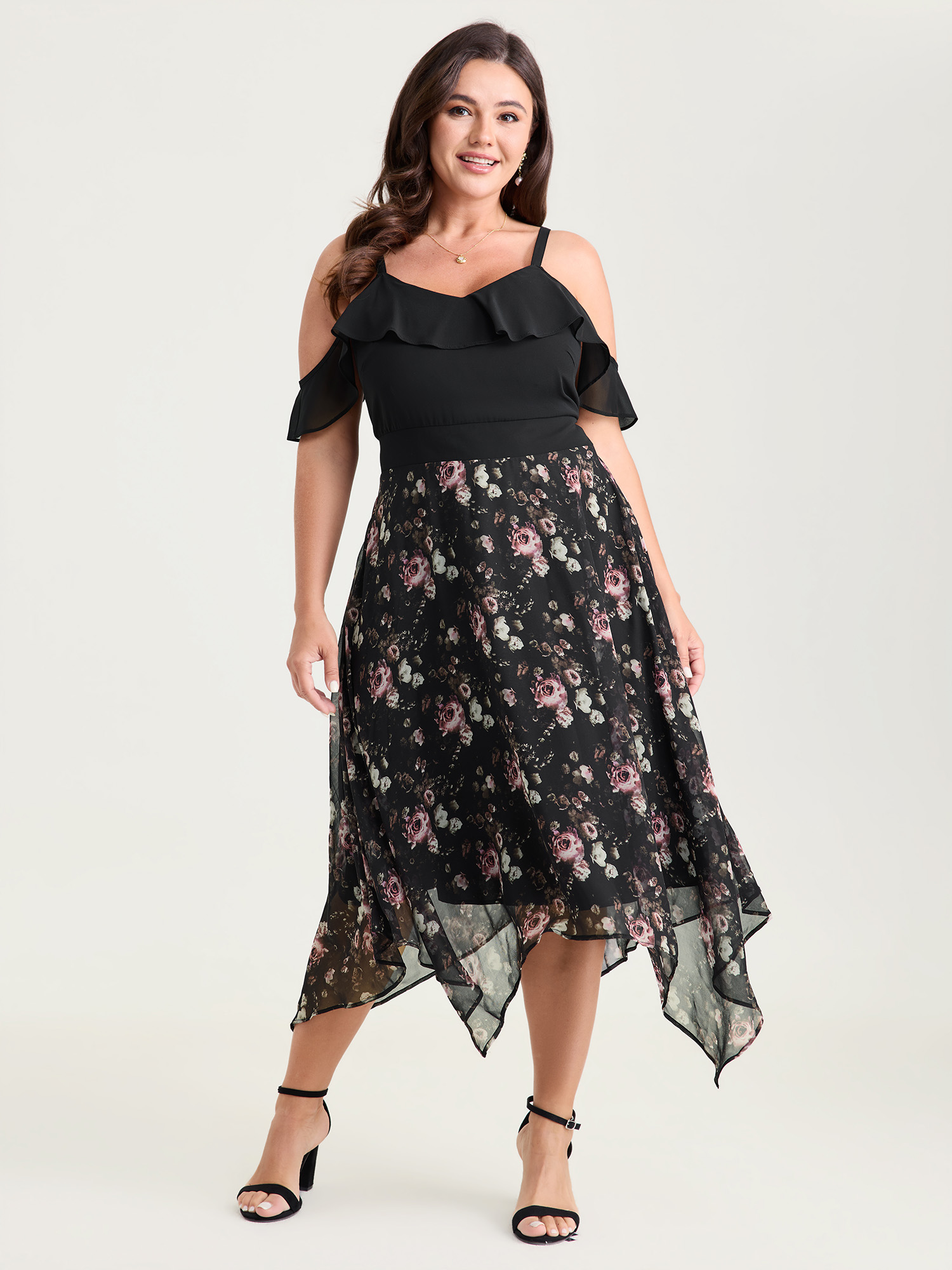 BloomChic Women's Plus Size Floral Print Off-Shoulder Ruffled Midi Dress Black Ditsy Floral Midi Everyday-Elegant See through 22-24/3X