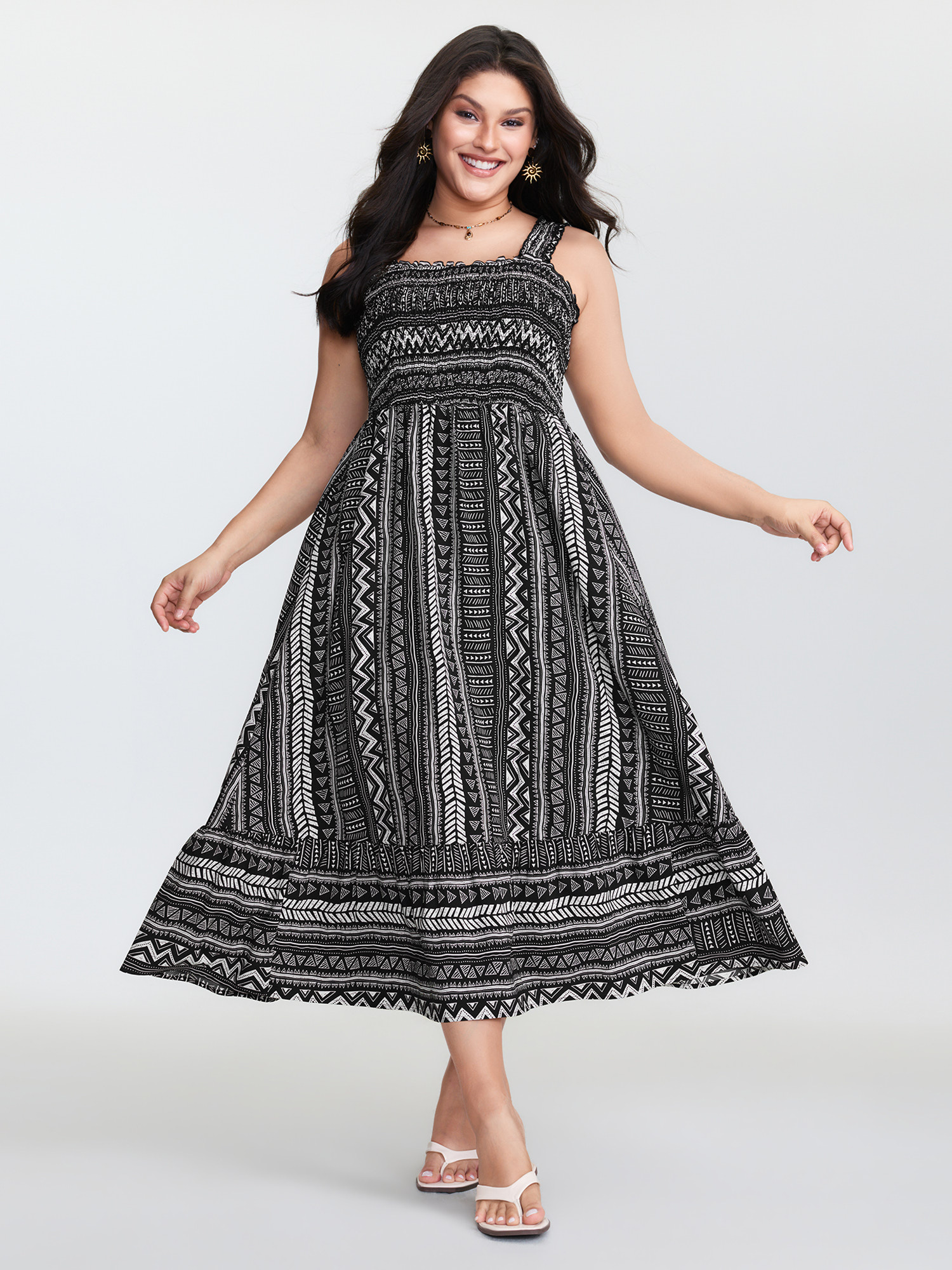 Side view of BloomChic Women's Plus Size Monochrome Striped Shirred Wide-Straps Midi Dress BlackFlower Midi Vacation 14-16/1X
