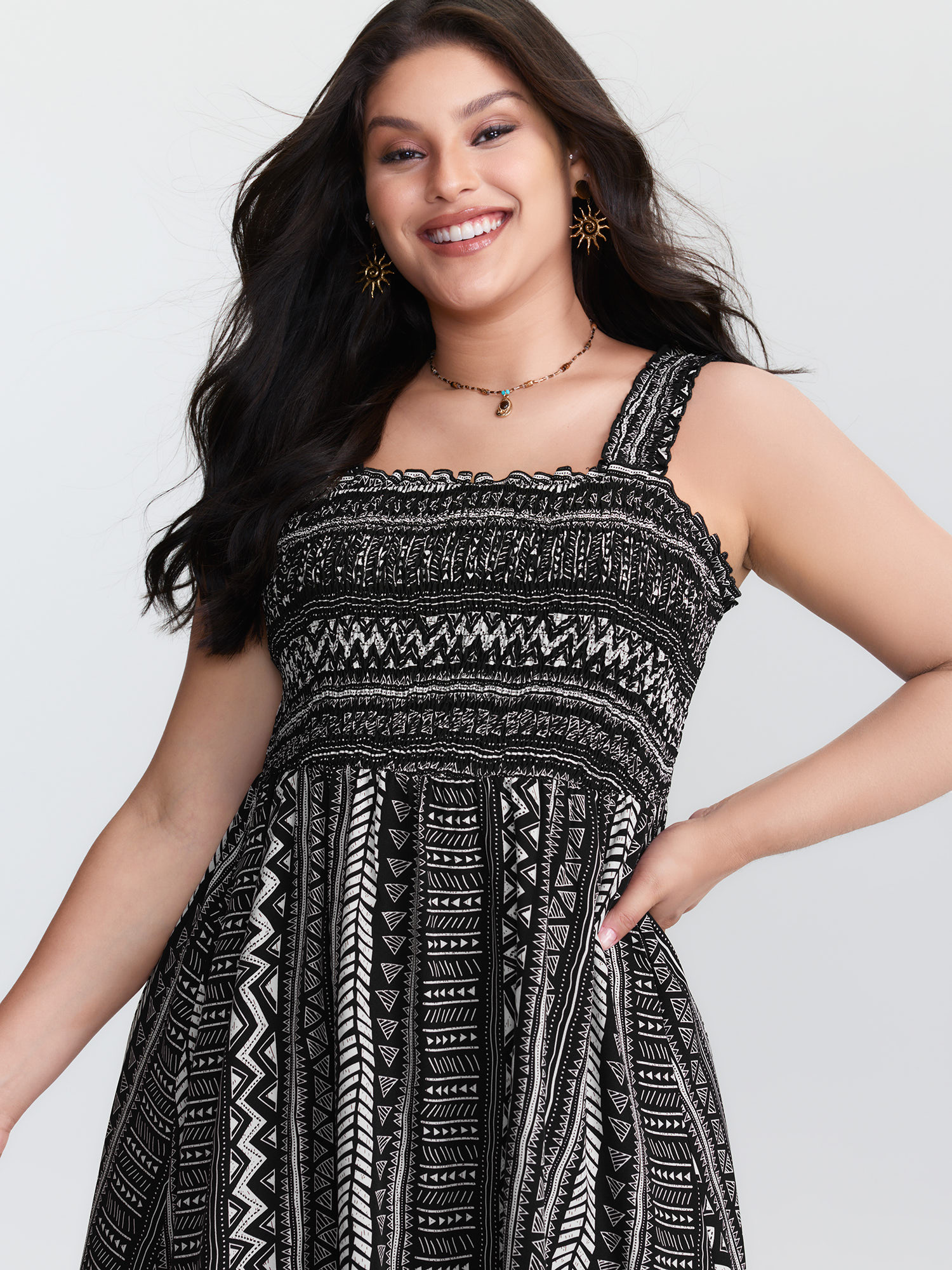 Side view of BloomChic Women's Plus Size Monochrome Striped Shirred Wide-Straps Midi Dress BlackFlower Midi Vacation 14-16/1X