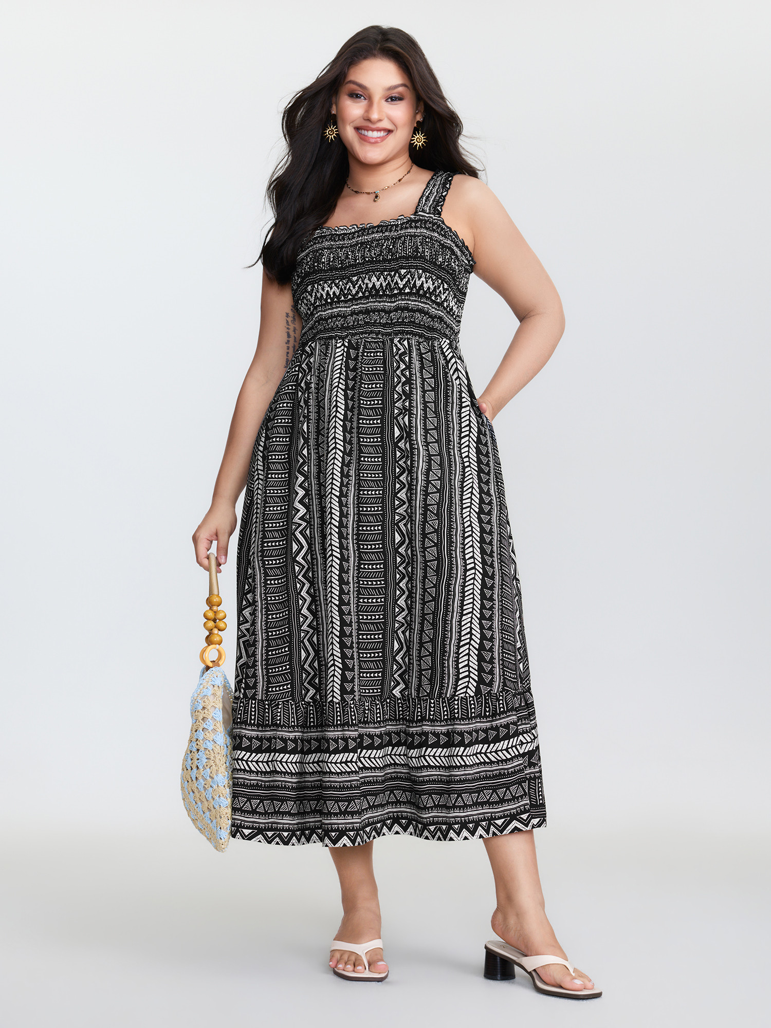 BloomChic Women's Plus Size Monochrome Striped Shirred Wide-Straps Midi Dress BlackFlower Midi Vacation 14-16/1X-image-48828364062890