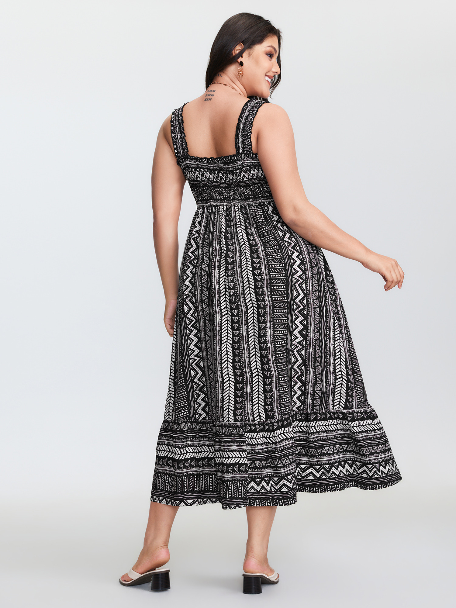 Side view of BloomChic Women's Plus Size Monochrome Striped Shirred Wide-Straps Midi Dress BlackFlower Midi Vacation 14-16/1X