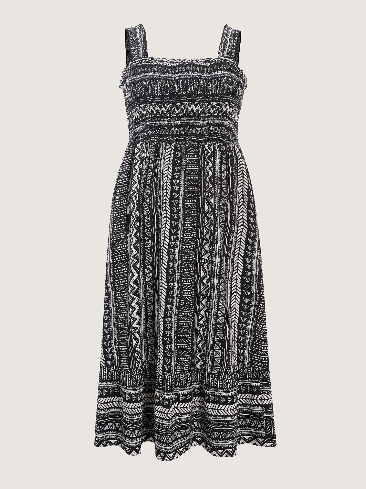 Side view of BloomChic Women's Plus Size Monochrome Striped Shirred Wide-Straps Midi Dress BlackFlower Midi Vacation 14-16/1X