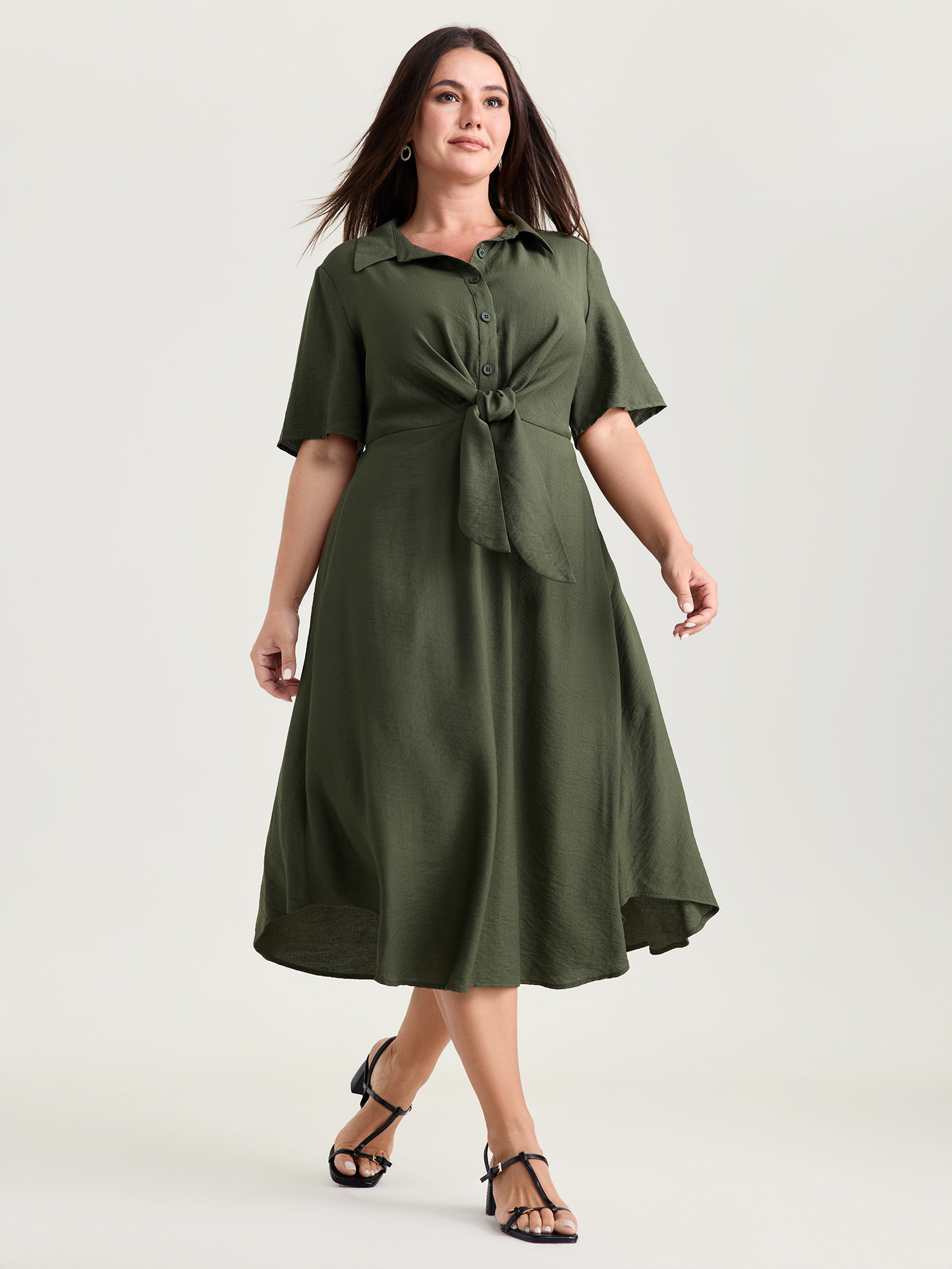 BloomChic Women's Plus Size Supersoft Knotted Tie Front Midi Dress ArmyGreen Non Midi Office Tie knot 10/M