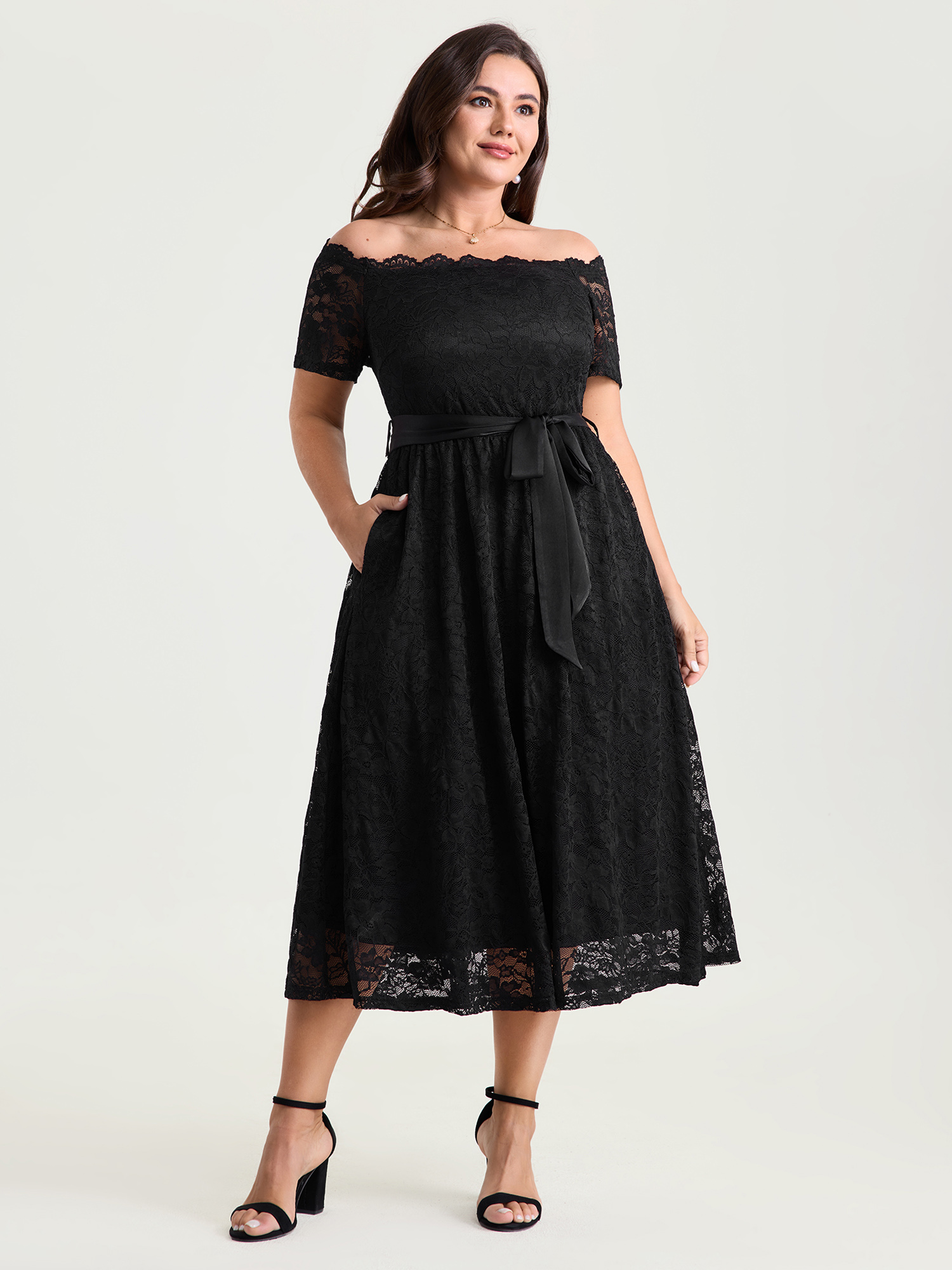 BloomChic Plus Size Sensational Lace Stretchy Waist Tie Midi Dress - Curve Ladies Black Elegant Short sleeve Solid Side Pocket Daily Dresses 14/M