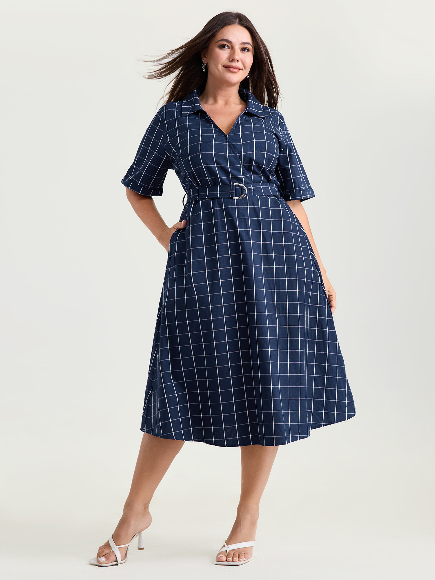 BloomChic Women's Plus Size Cotton Checked Print Wrap Neckline Belted Midi Dress Indigo Plaid Midi Office Overlapping 10/M