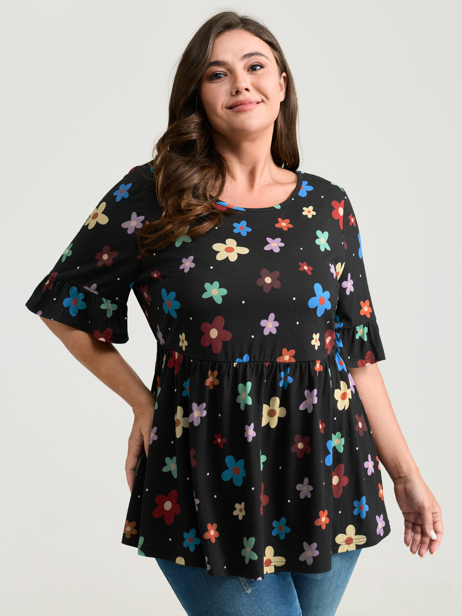 BloomChic Women's Plus Size Floral Print Stretchy Knit Top Black Short sleeve Everyday-Casual Round Neck 22-24/3X