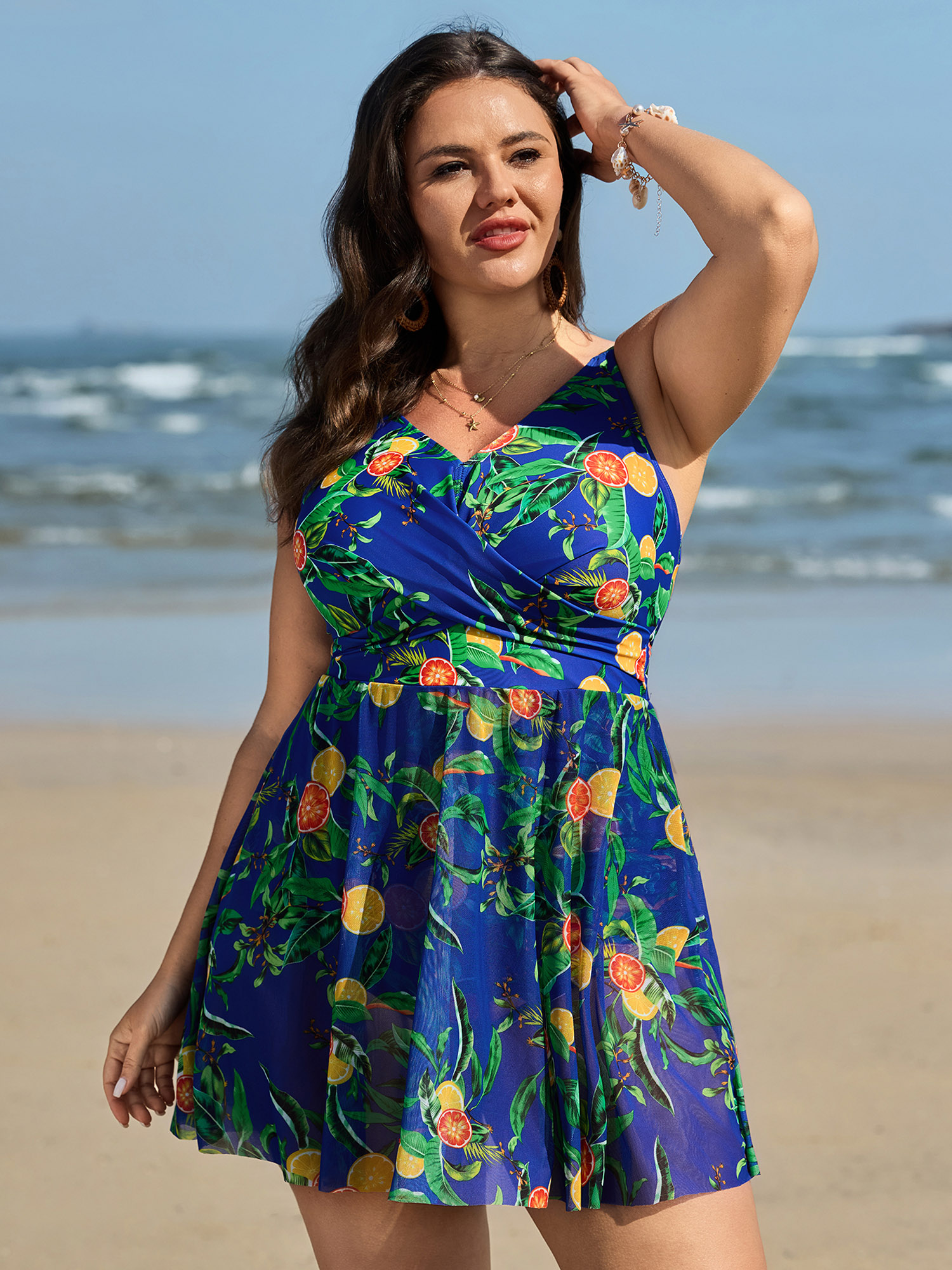 BloomChic Women's Plus Size Tropical Fruit Print Twist Mesh Swim Dress DarkBlue Fruit and vegetable print Twist Adaptive-Fit 10/M