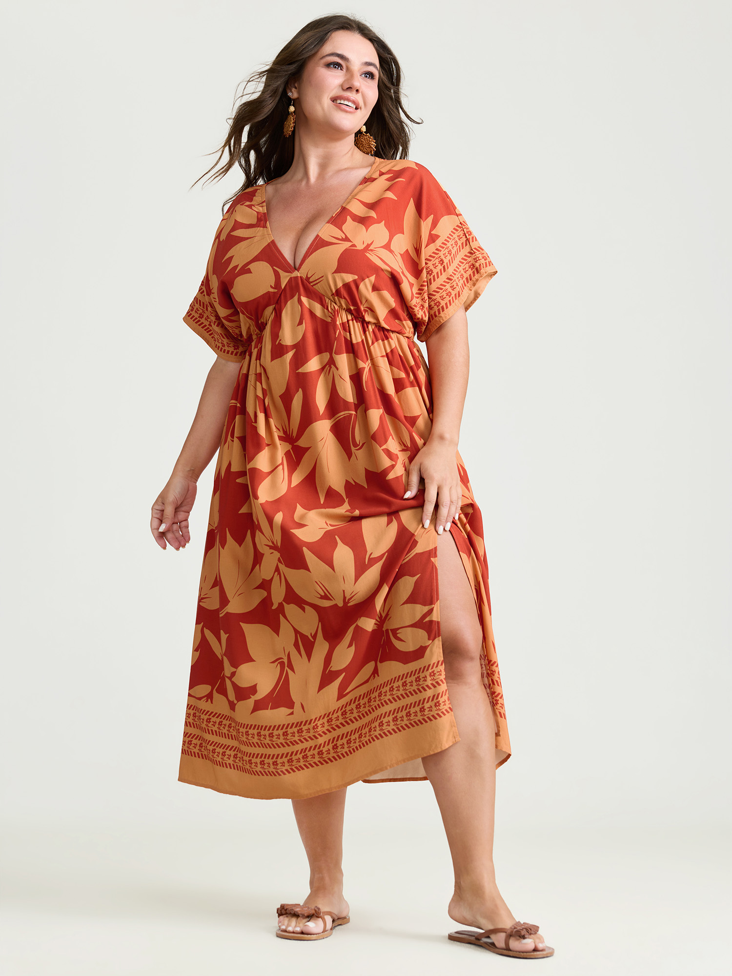 BloomChic Women's Plus Size Large Floral Print Bustier V-Neck Midi Dress OrangeRed Floral Midi Vacation Slit 10/M