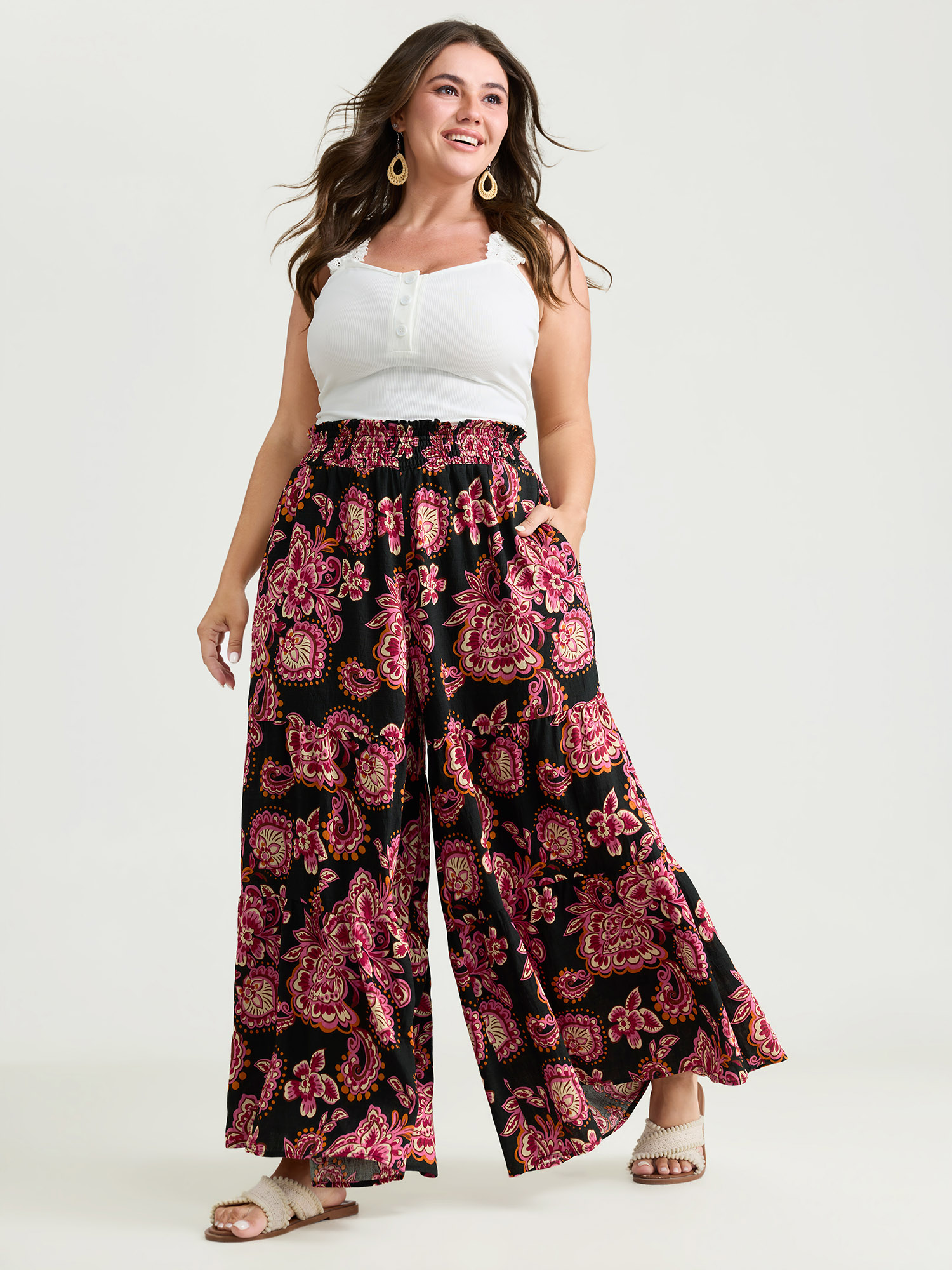 BloomChic Women's Plus Size Large Floral Print Wide Shirred Waistband Pants Black Flared High Rise 10/M