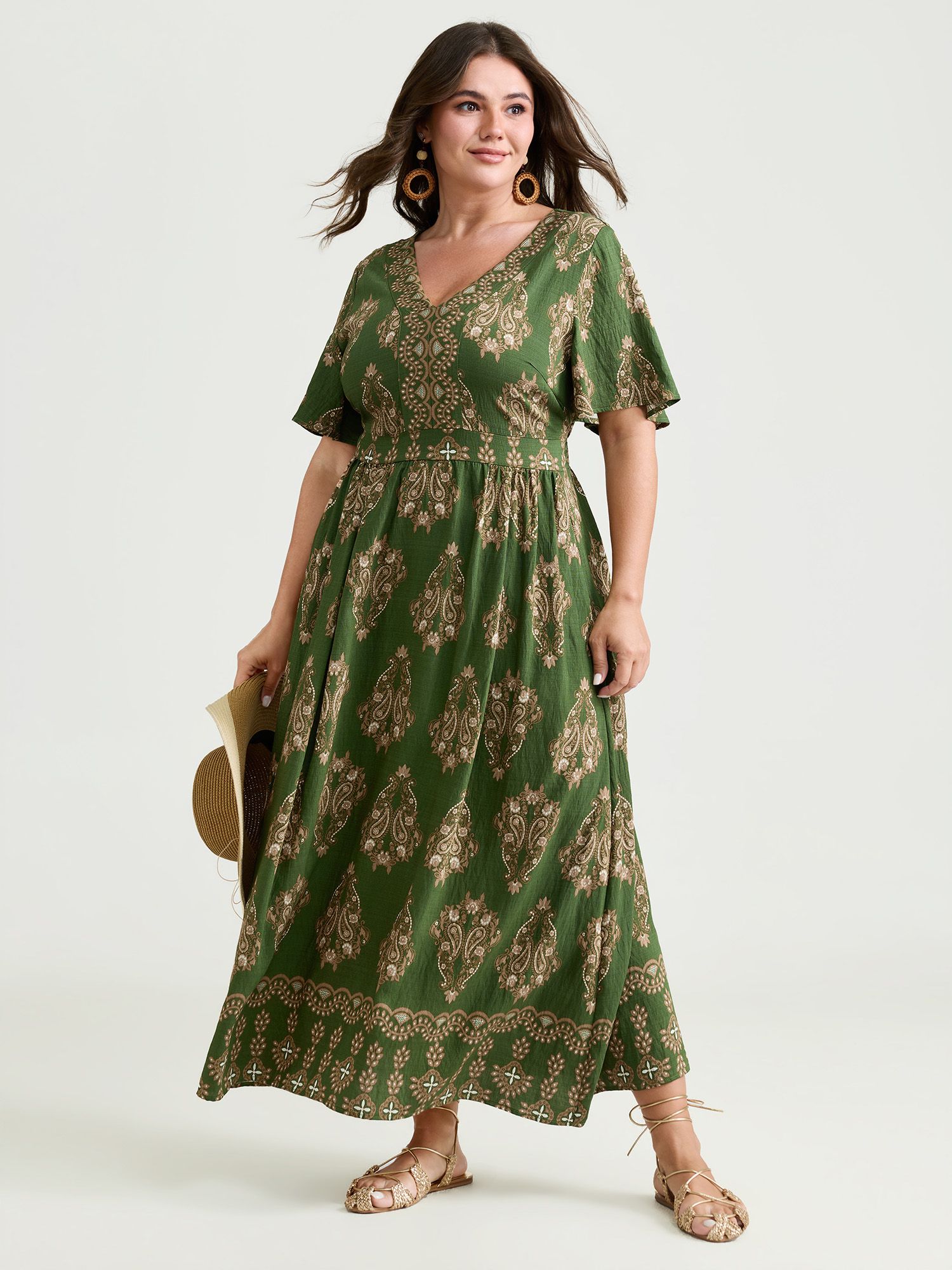 BloomChic Plus Size Paisley Print Pockets Shirred Waist Maxi Dress - Curve Ladies Emerald Boho Short sleeve Ethnic Floral Side Pocket Daily Dresses 14/M