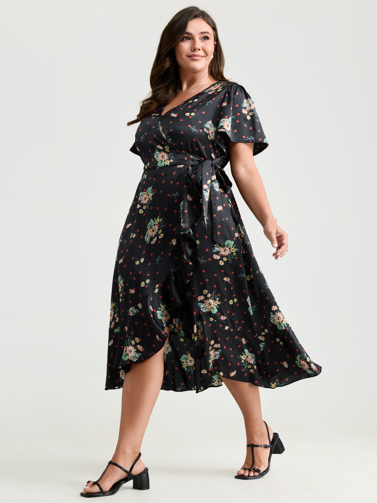 BloomChic Women's Plus Size Polka Dot Floral Print Wrap Front Midi Dress Black Polka dots Midi Everyday-Elegant Overlapping 14-16/1X