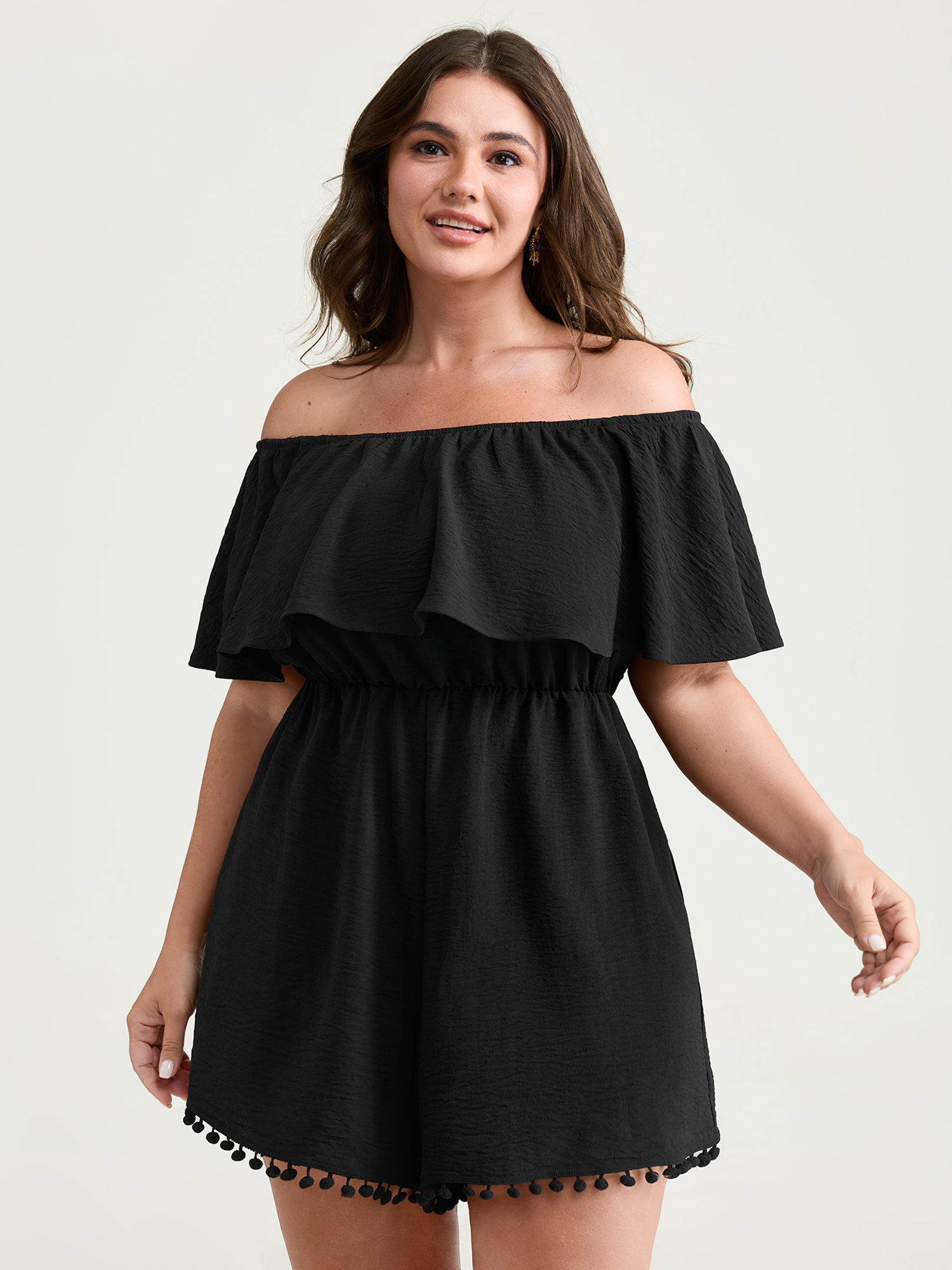 BloomChic Plus Size Off-Shoulder Tassel Hem Romper - Curve Women's Black Playsuit - Side seam pocket T-line Jumpsuits 14/M