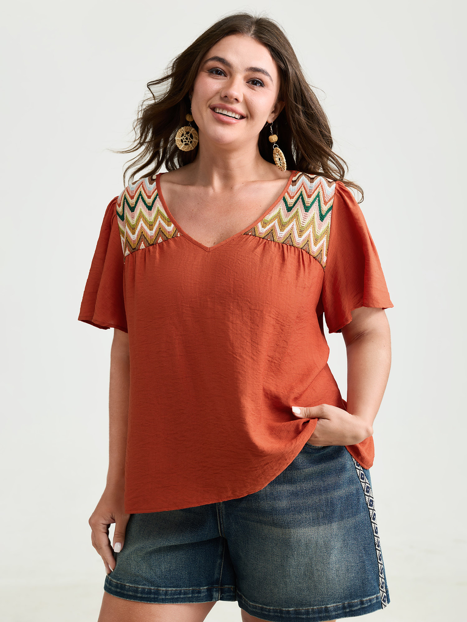 BloomChic Women's Plus Size Colorful Wavy Shoulder V-Neck Plain Blouse OrangeRed Non Vacation Short sleeve 12/L