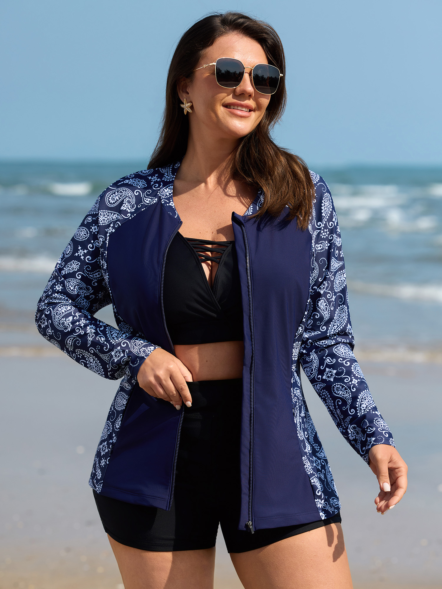 BloomChic Women's Plus Size Zipper Front Pocket Contrast Swim Top Indigo Paisley Extra Long Sleeve Patchwork 22-24/3X