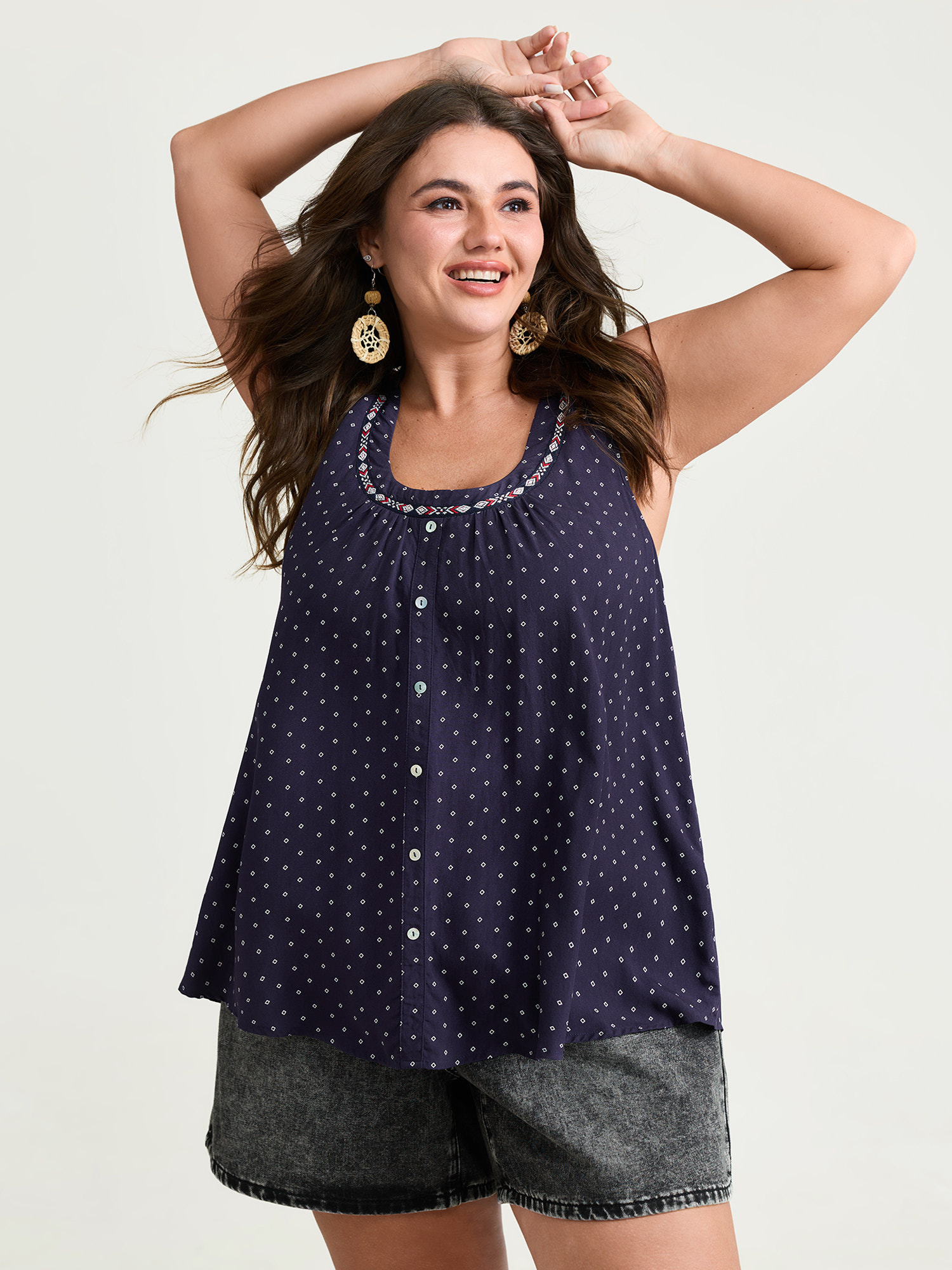 BloomChic Women's Plus Size Supersoft Webbed Button Placket Tank Top Indigo Vacation A-line 10/M