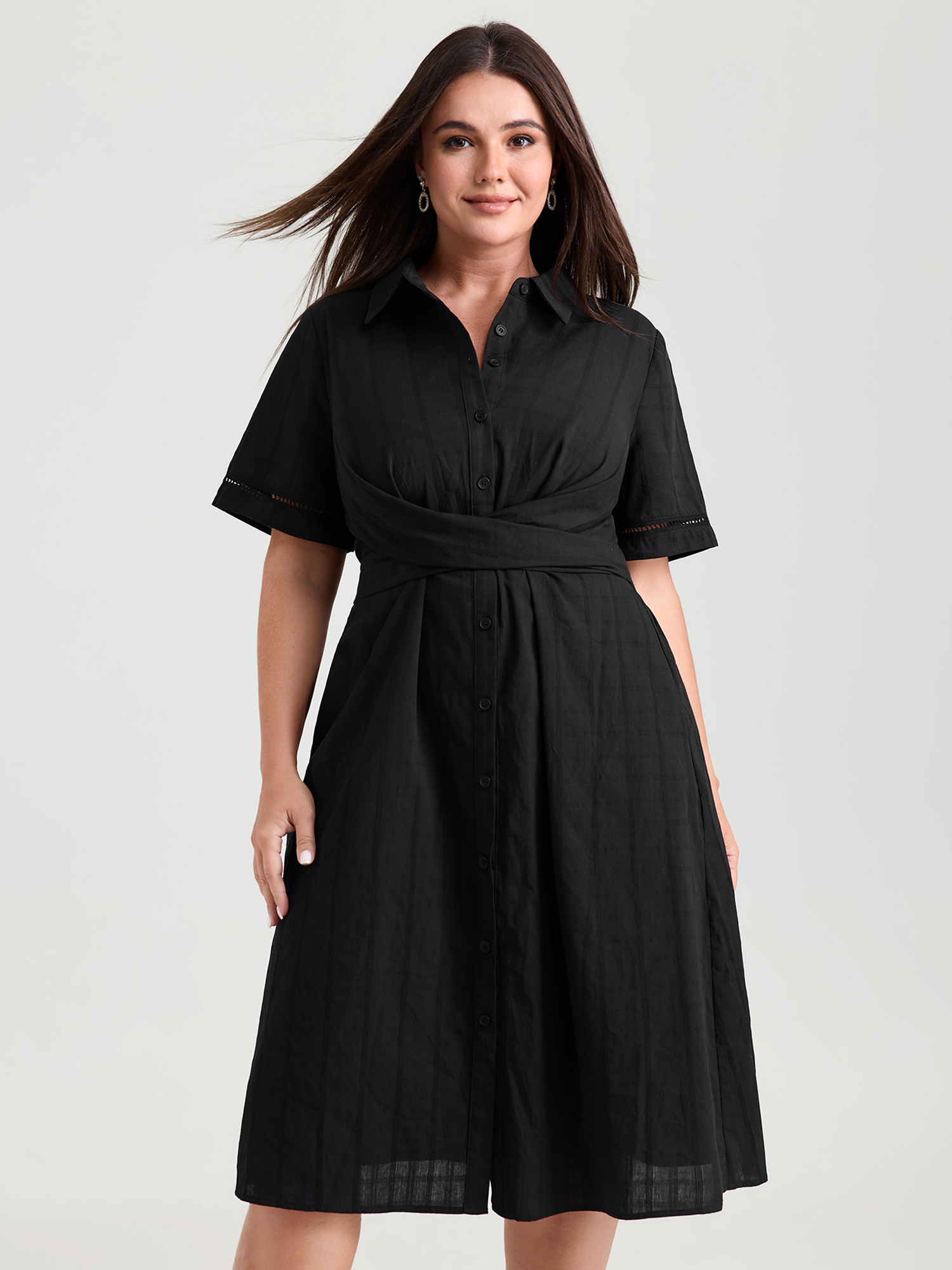 BloomChic Women's Plus Size Pure Cotton Textured Overlap Waist Midi Dress Black Solid Tunic Office Tie knot 10/M