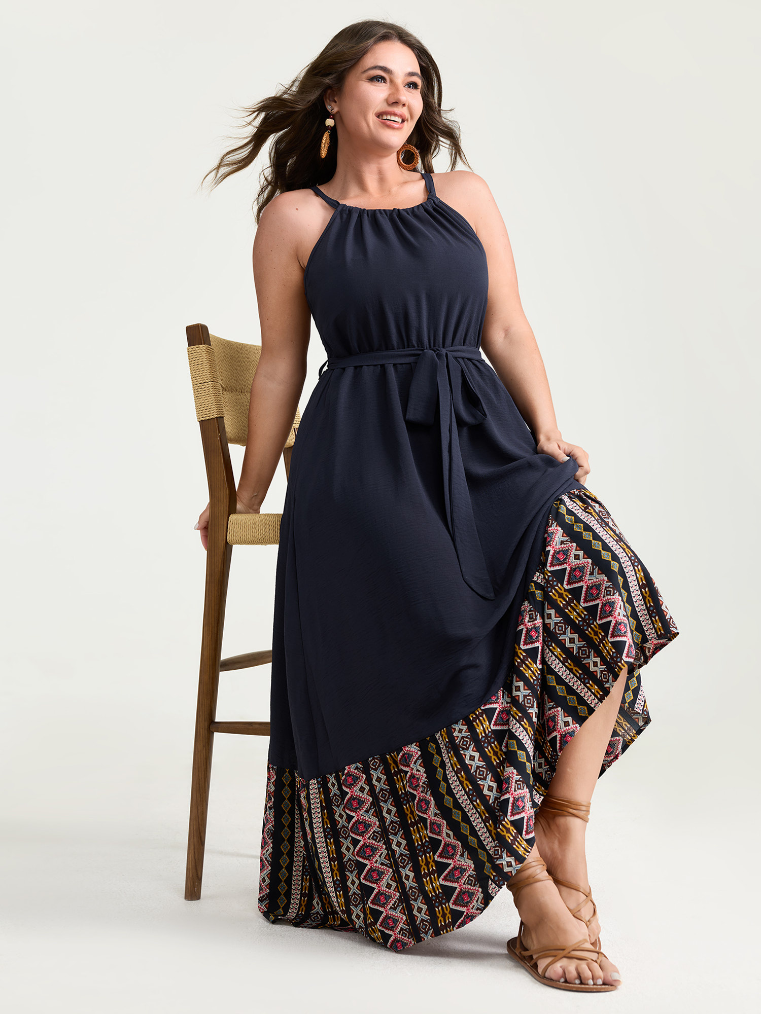BloomChic Plus Size Colorful Boho Striped Hem Halter Neck Maxi Dress - Curve Ladies Indigo Boho Sleeveless Non Side seam pocket Daily Dresses 14/M