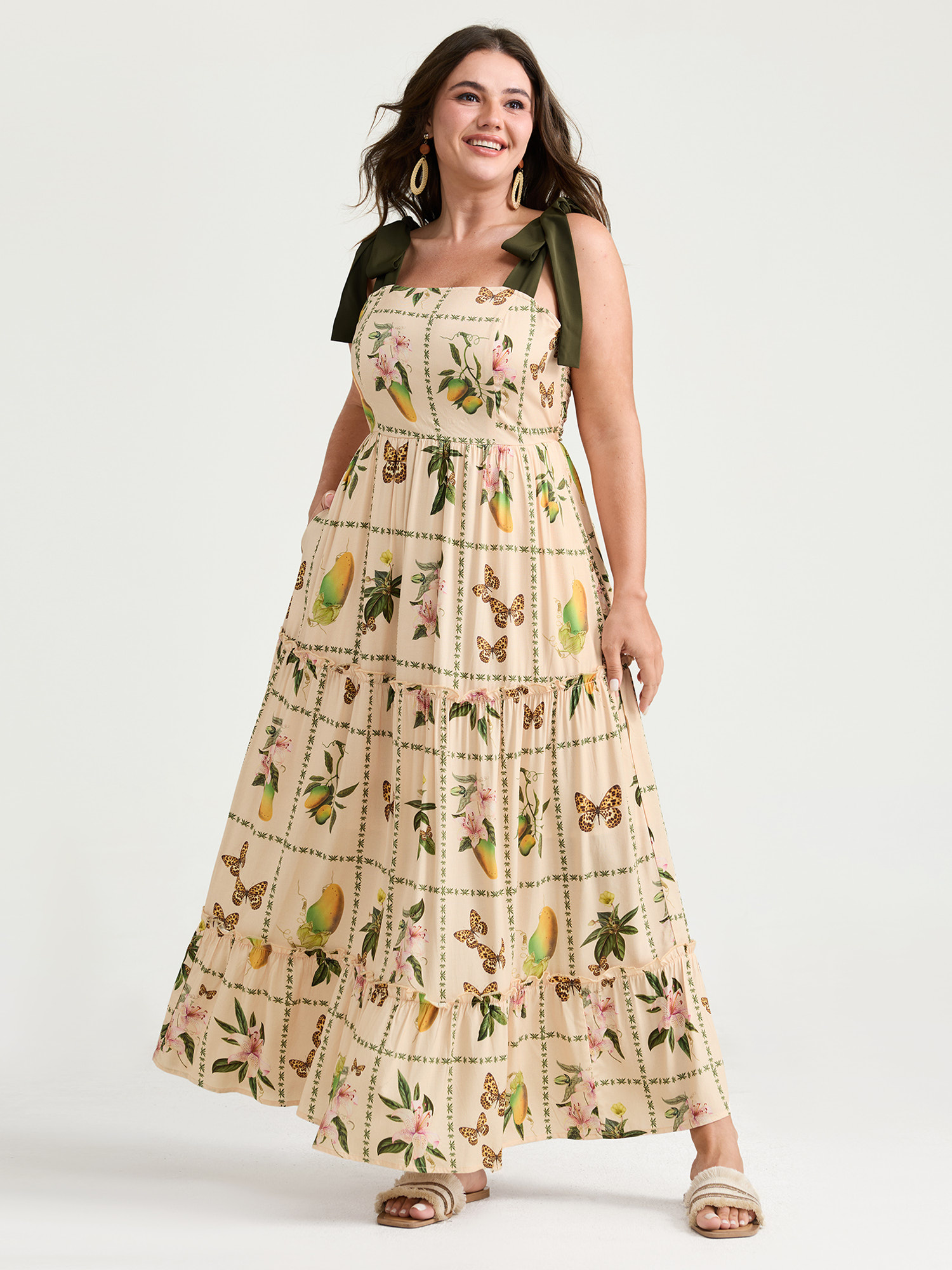 BloomChic Women's Plus Size Tropical Collage Print Shoulder Tie Maxi Dress Apricot Figurative print Maxi Vacation Tie knot 28/5X
