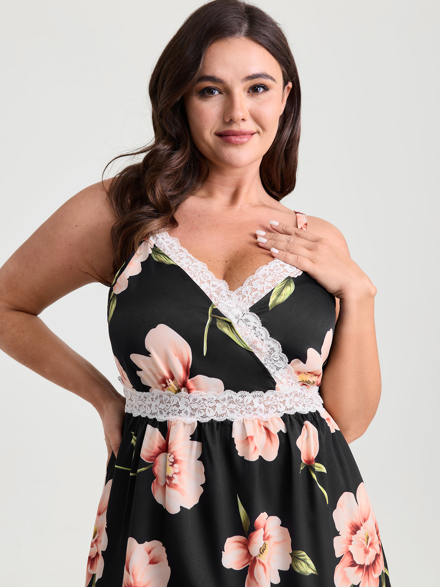 Side view of BloomChic Women's Plus Size Breezy Floral Print Surplice Lace Neckline Nightgown Black Sleeveless Short 14-16/1X