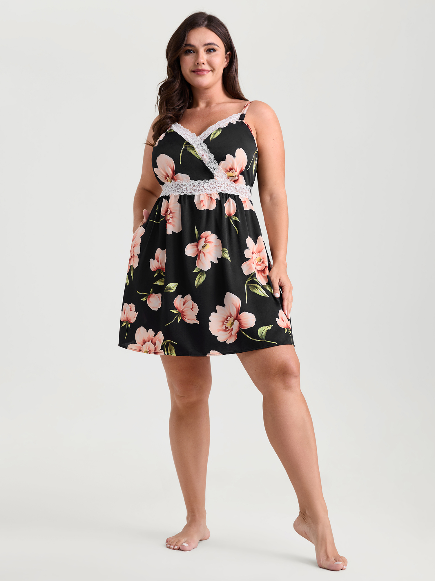 Side view of BloomChic Women's Plus Size Breezy Floral Print Surplice Lace Neckline Nightgown Black Sleeveless Short 14-16/1X