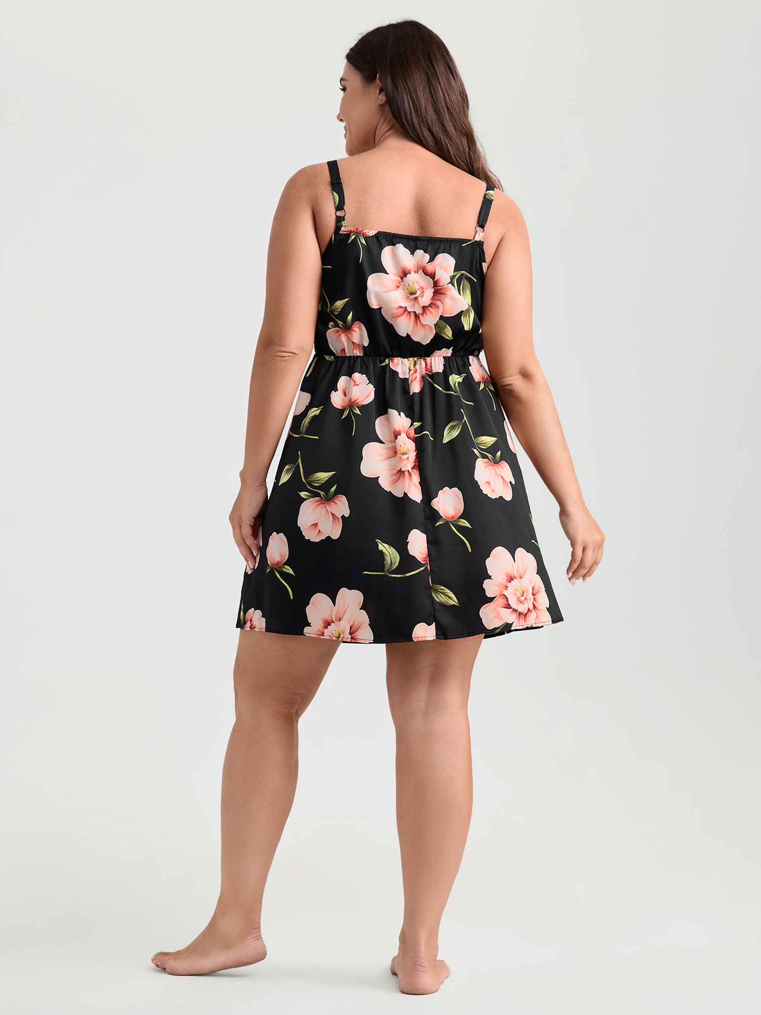 Side view of BloomChic Women's Plus Size Breezy Floral Print Surplice Lace Neckline Nightgown Black Sleeveless Short 14-16/1X