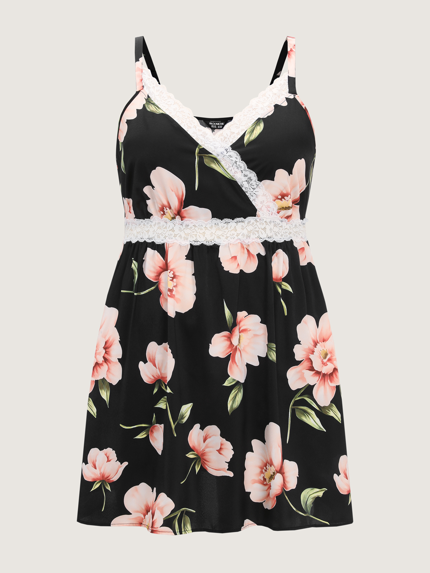 Side view of BloomChic Women's Plus Size Breezy Floral Print Surplice Lace Neckline Nightgown Black Sleeveless Short 14-16/1X