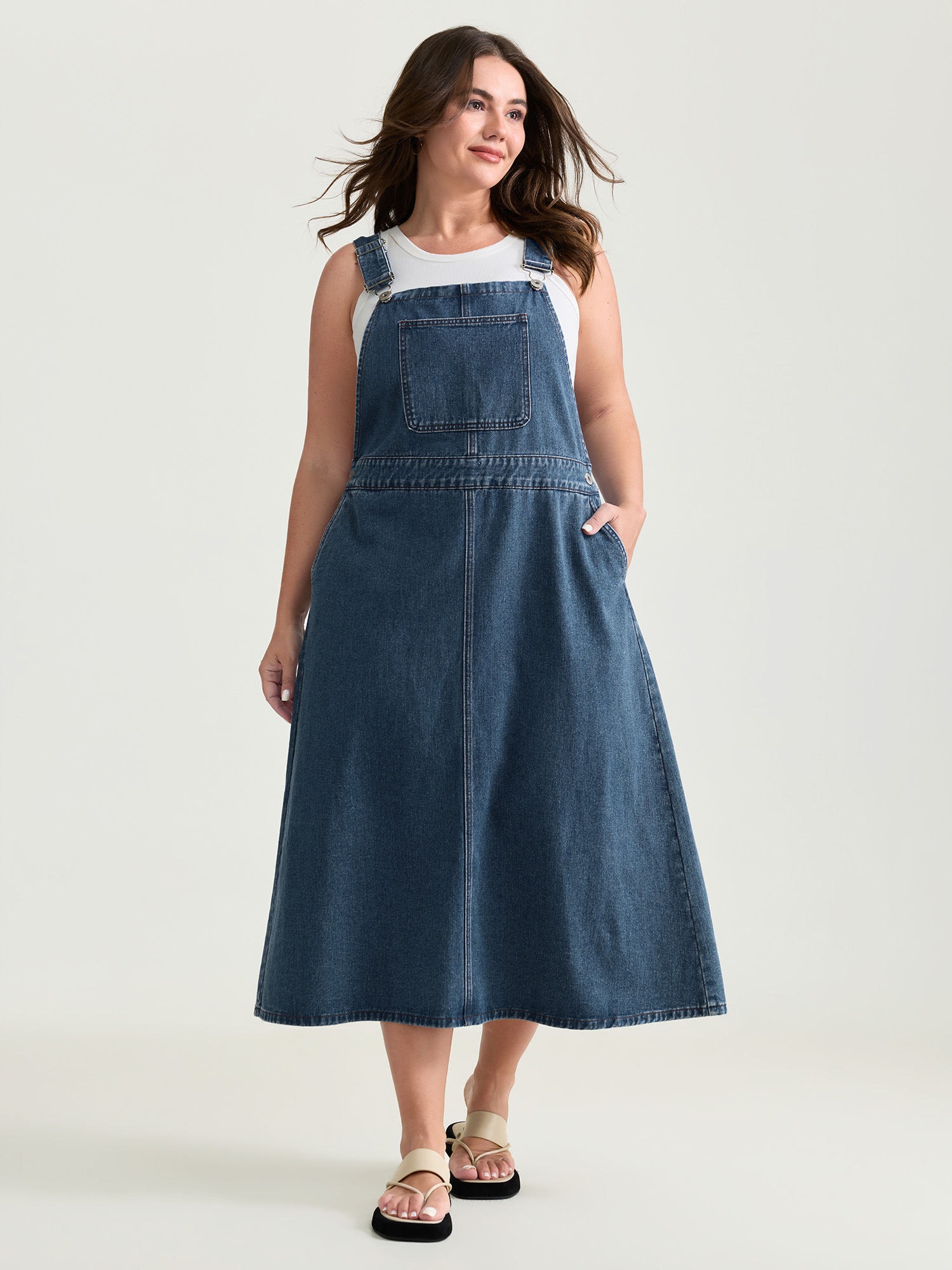 BloomChic Women's Plus Size Cotton Adjustable Back Slit Overall Midi Denim Dress Sailor Blue Midi Everyday-Casual H-line 10/M