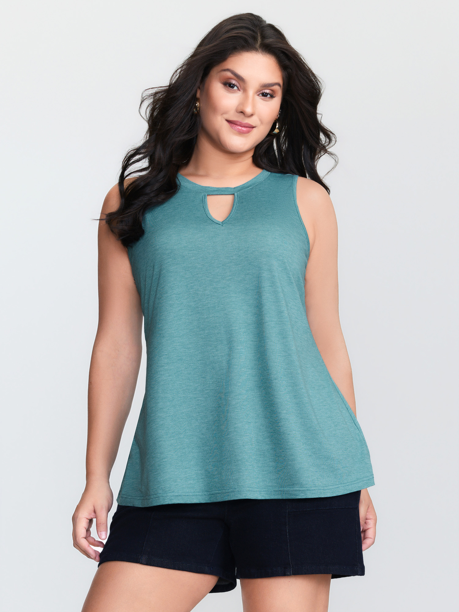 BloomChic Women's Plus Size Supersoft Keyhole Neckline Plain Tank Top Cerulean Everyday-Casual A-line Round Neck 10/M