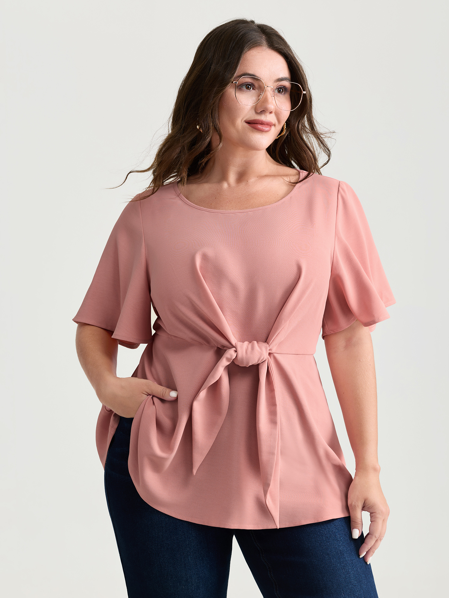 BloomChic Women's Plus Size Cinched-Waist Knotted Plain Blouse Salmon Solid Office Short sleeve Round Neck 10/M