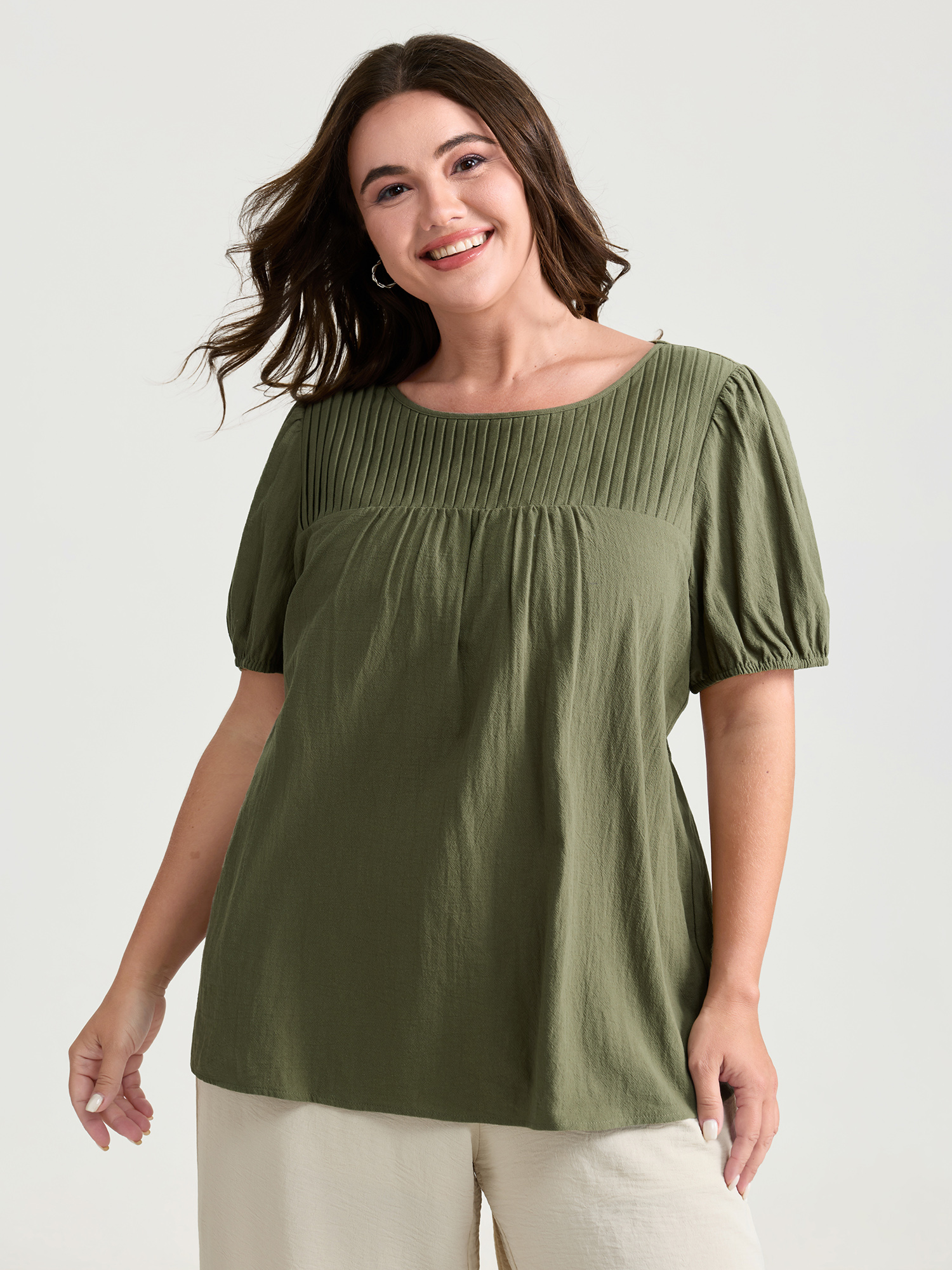 BloomChic Women's Plus Size Pure Cotton Pleated Puffy Sleeve Blouse Capulet Olive Everyday-Casual Short sleeve 14-16/1X