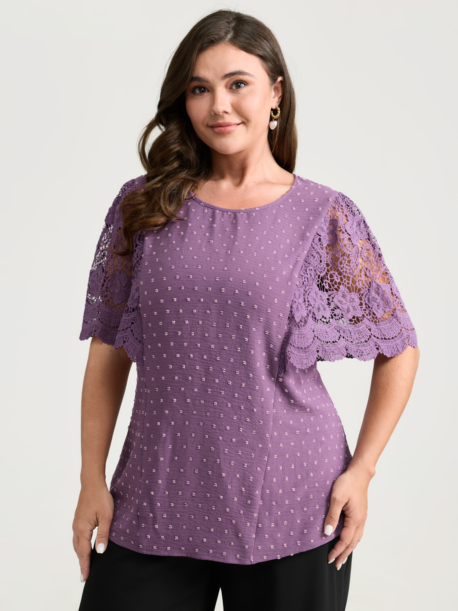 BloomChic Women's Plus Size Supersoft Sheer Lace Sleeve Cinched Blouse Mauve Synthetic texture Everyday-Elegant Half Sleeve 10/M