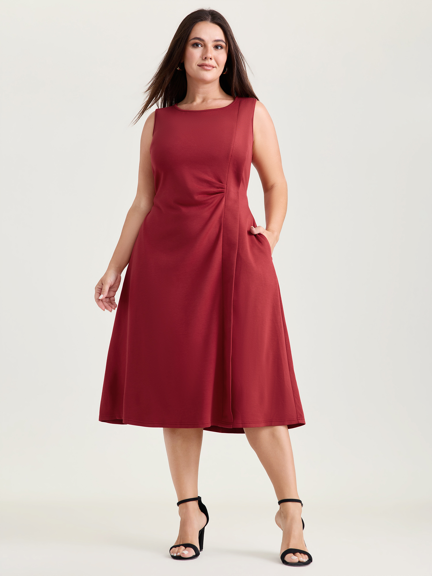 BloomChic Women's Plus Size Elegant Knotted Side Pockets Midi Dress Burgundy Non Midi Office Pleated 22-24/3X