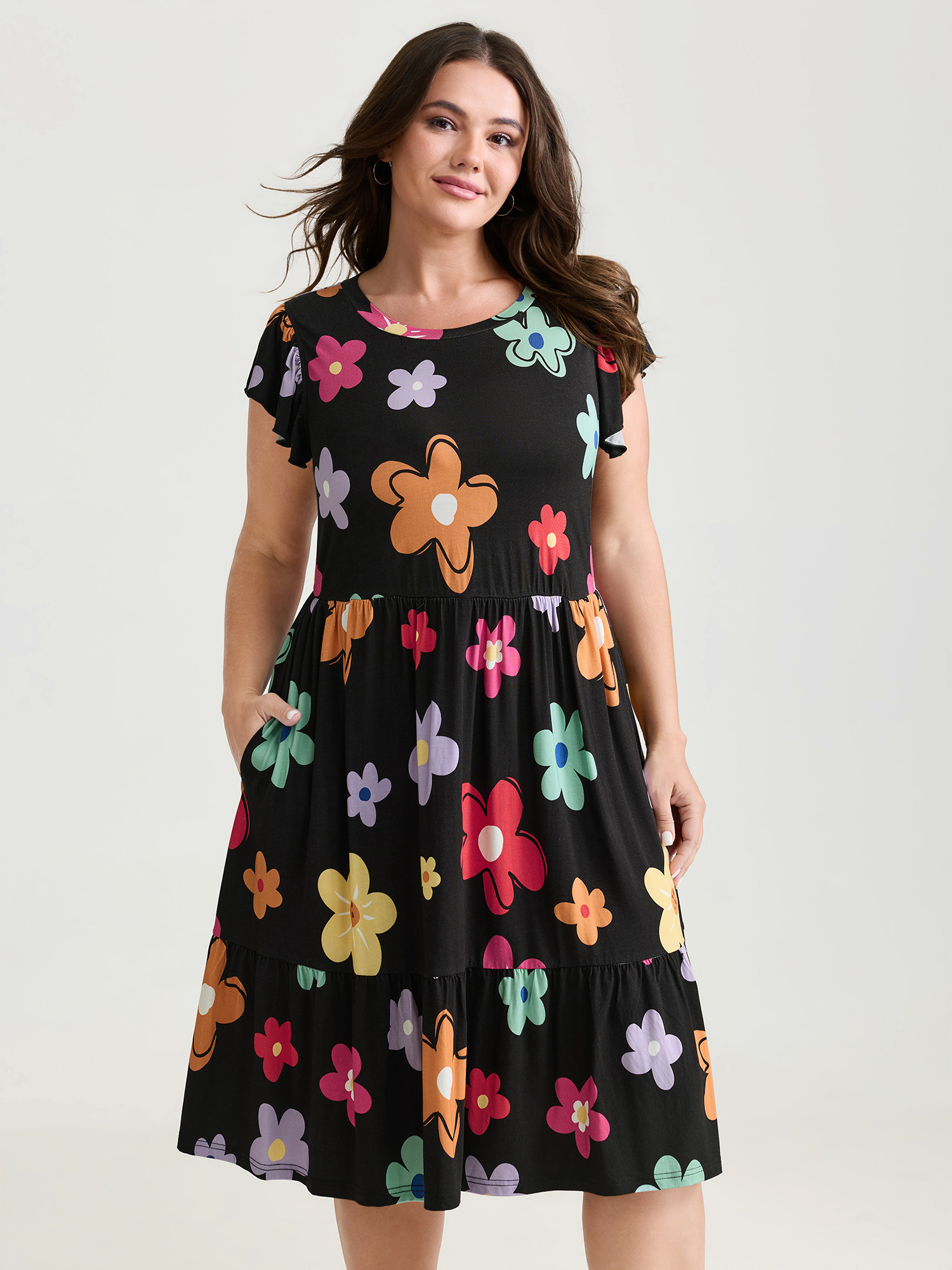 BloomChic Plus Size Bright Floral Print Flutter Sleeve Midi Dress - Curve Ladies Black Playful Cap Sleeve Floral Side seam pocket Daily Dresses 32/5X