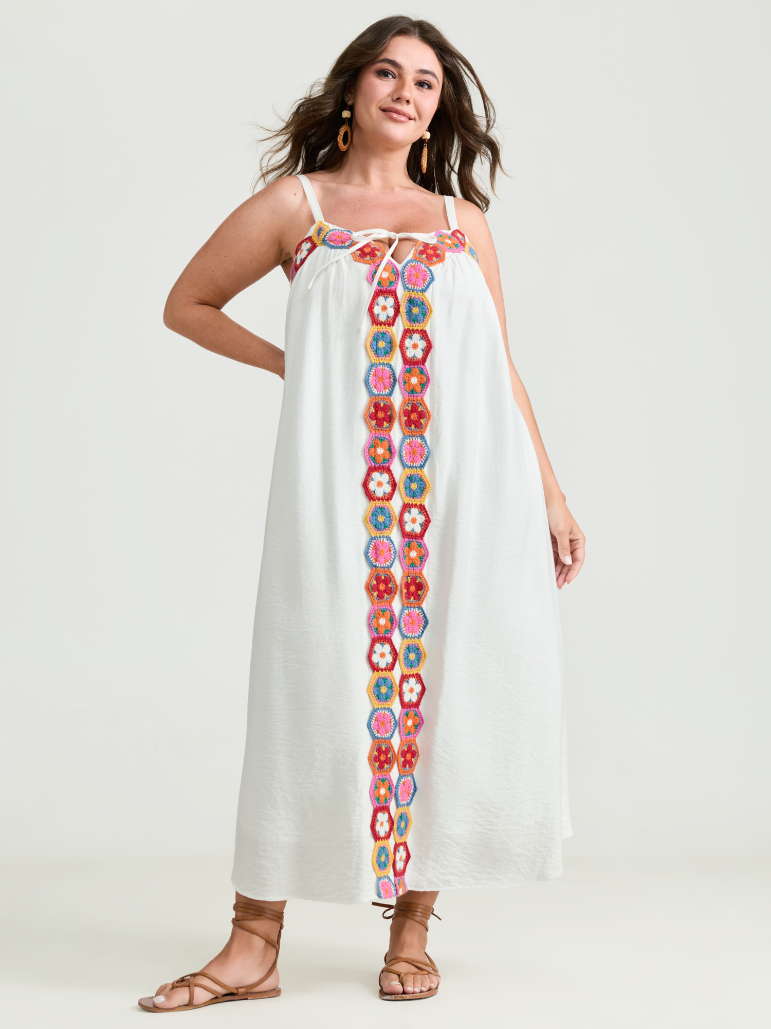 BloomChic Women's Plus Size Colorful Floral Crochet Front Cami Midi Dress Originalwhite Non Midi Vacation Woven ribbon&lace trim 10/M