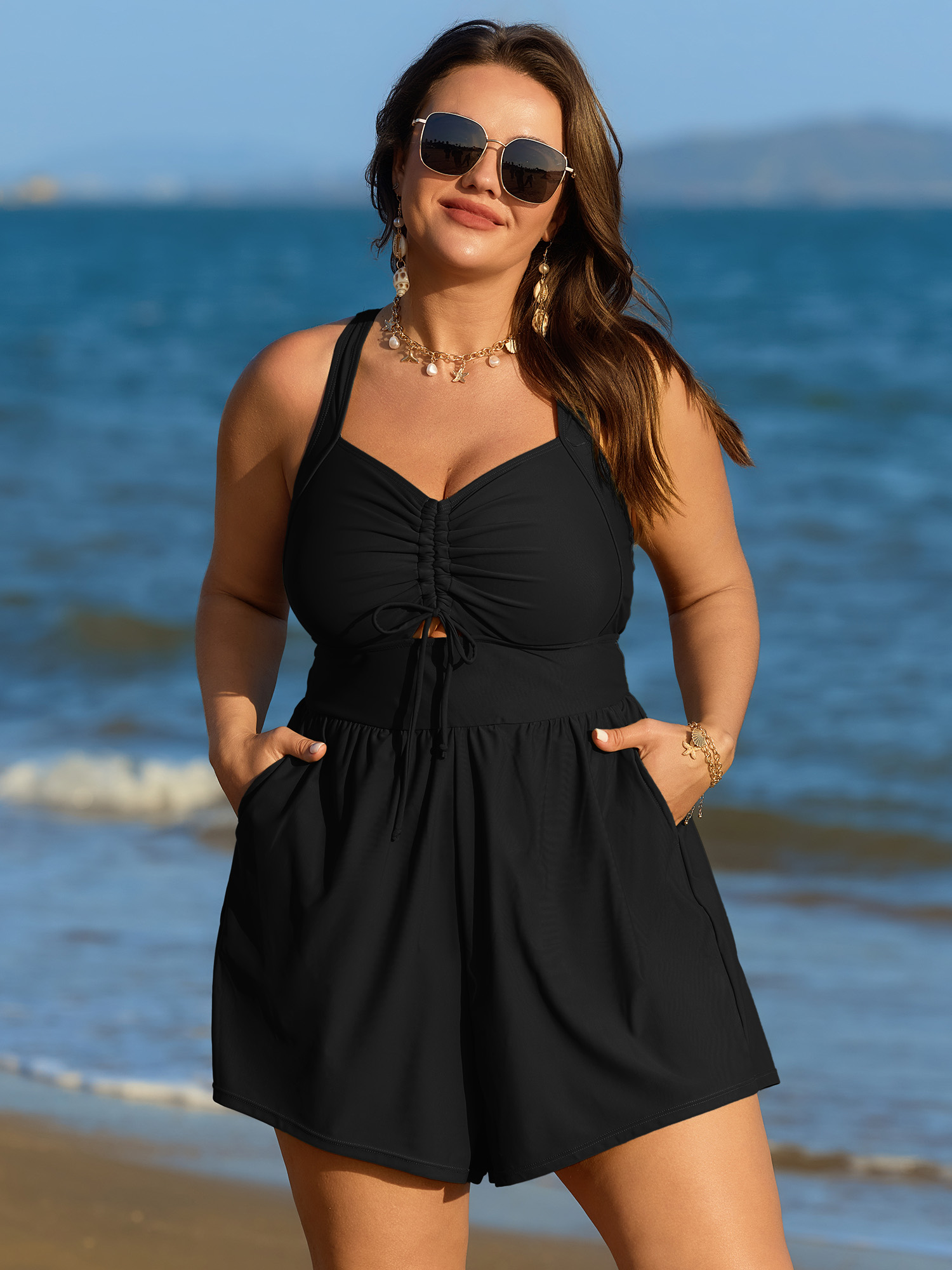 BloomChic Women's Plus Size Cut-Out Drawstring Pockets Swim Romper Black Solid Ruched Adaptive-Fit 10/M