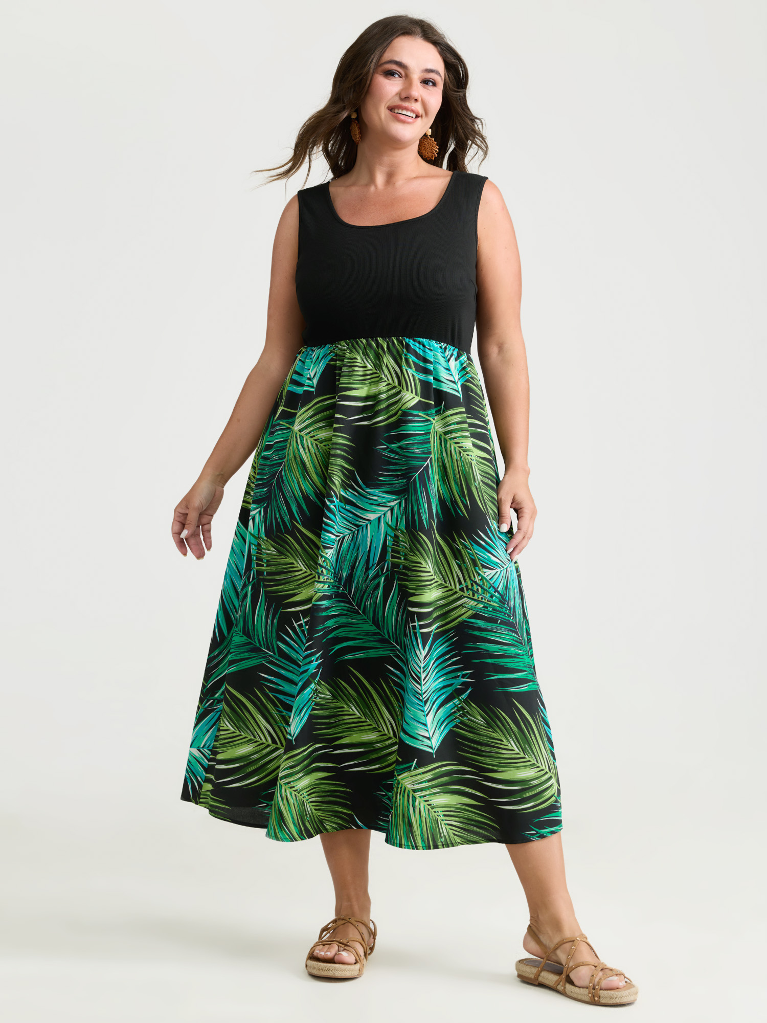 BloomChic Plus Size Tropical Palm Print A-Line Midi Dress - Curve Ladies Pureblack Resort Sleeveless Tropical Side Pocket Daily Dresses 22-24/2X