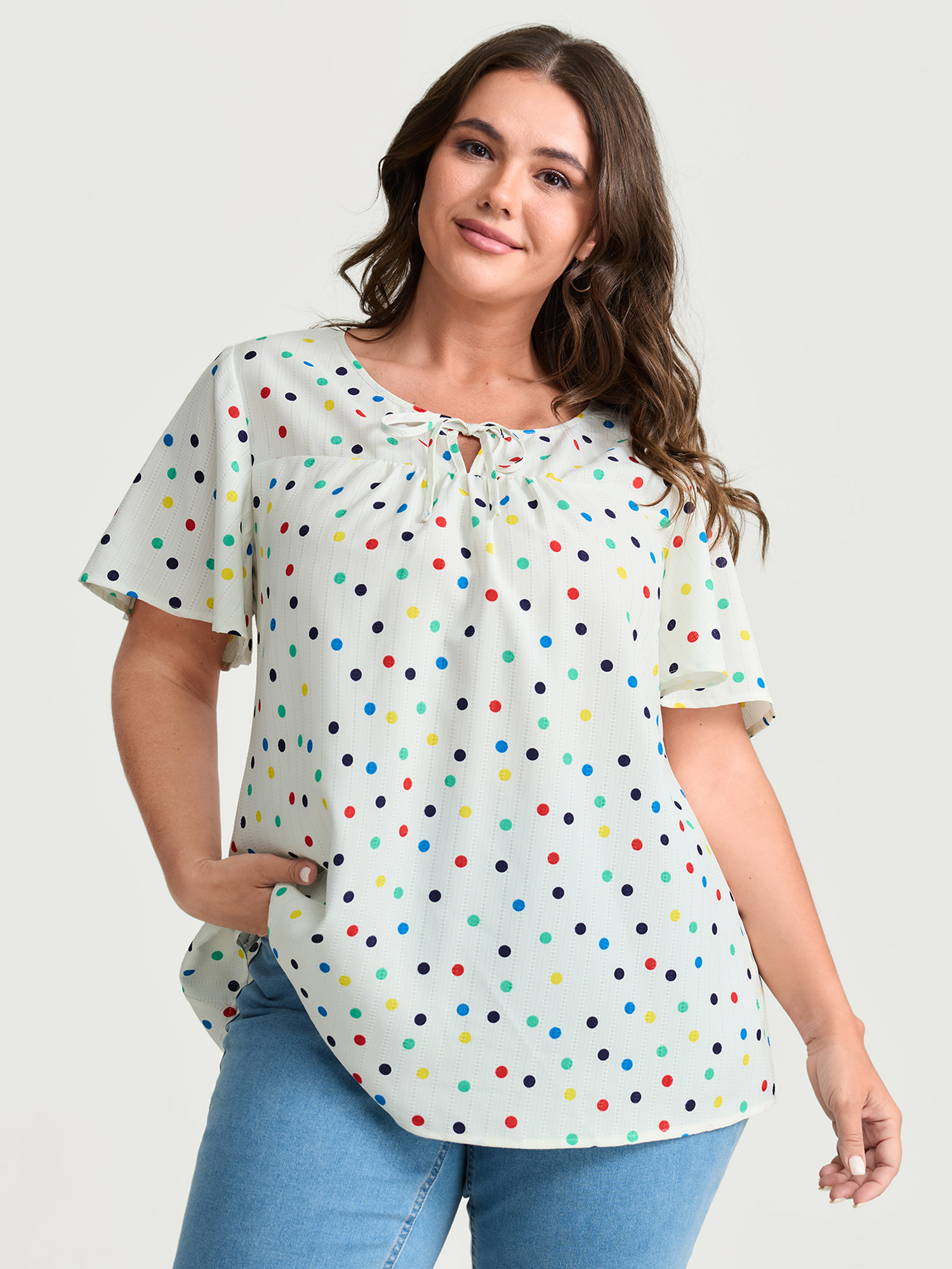 BloomChic Women's Plus Size Colorful Polka Dots Drawstring Ruched Blouse Ivory Polka dots Everyday-Casual Short sleeve 10/M