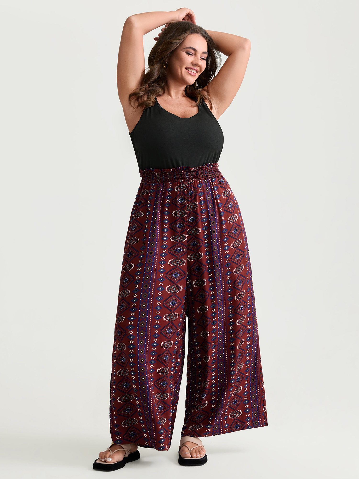 BloomChic Plus Size Supersoft Shirred Boho Contrast Print Jumpsuit - Curve Women's Deepred Playsuit - Side Pocket Wide leg Jumpsuits 16/L