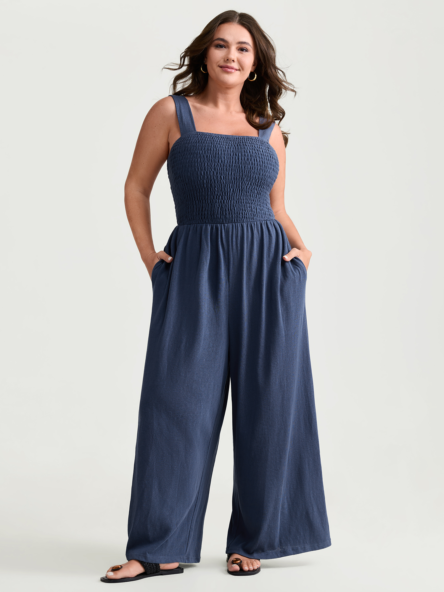 BloomChic Plus Size Shirred A-Line Wide Strap Jumpsuit - Curve Women's Estate Blue Playsuit - Side Pocket Wide leg Jumpsuits 32/5X