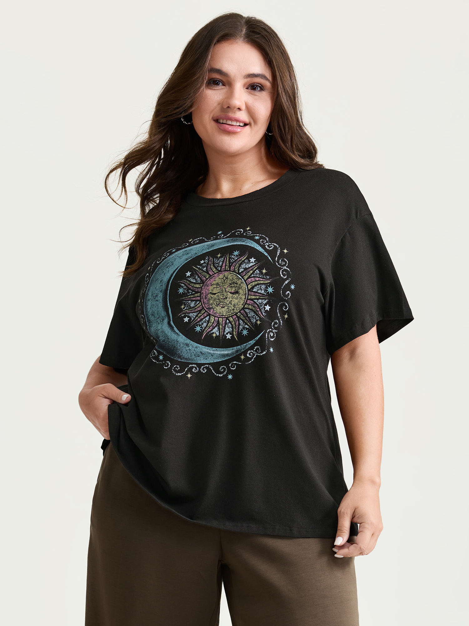 BloomChic Women's Plus Size Pure Cotton Outerspace Print T-Shirt Black Stars and moons Everyday-Casual Short sleeve 30/6X
