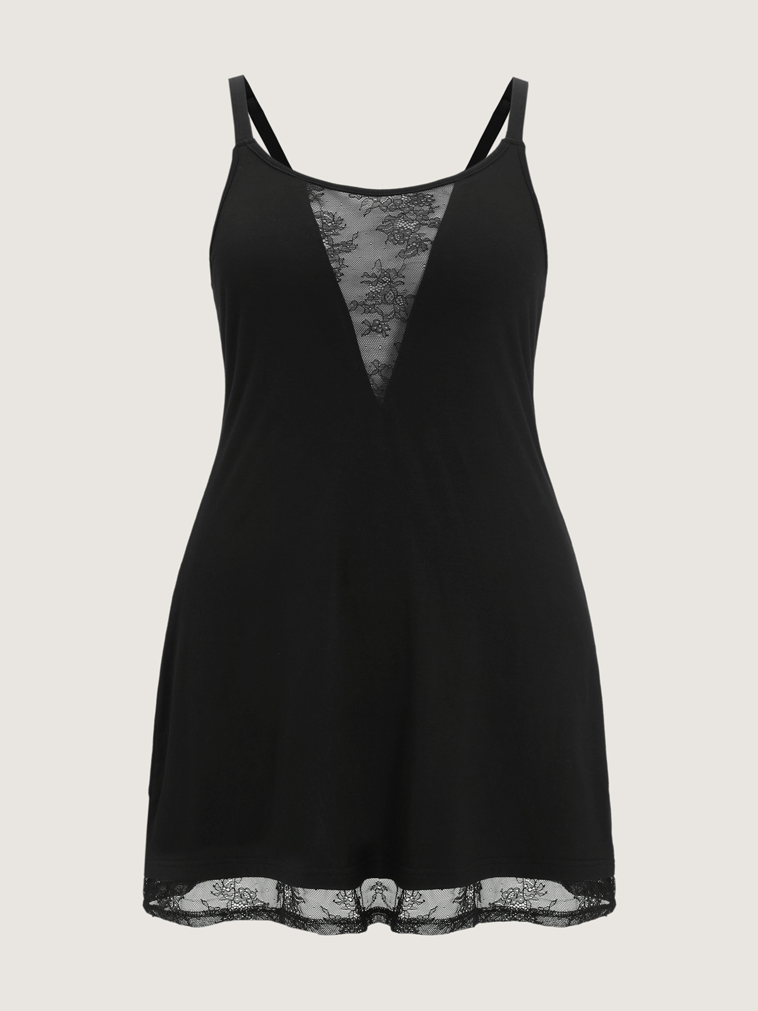 Side view of BloomChic Women's Plus Size Supersoft Sheer Neckline Pockets Nightgown Black Sleeveless Short 12/L