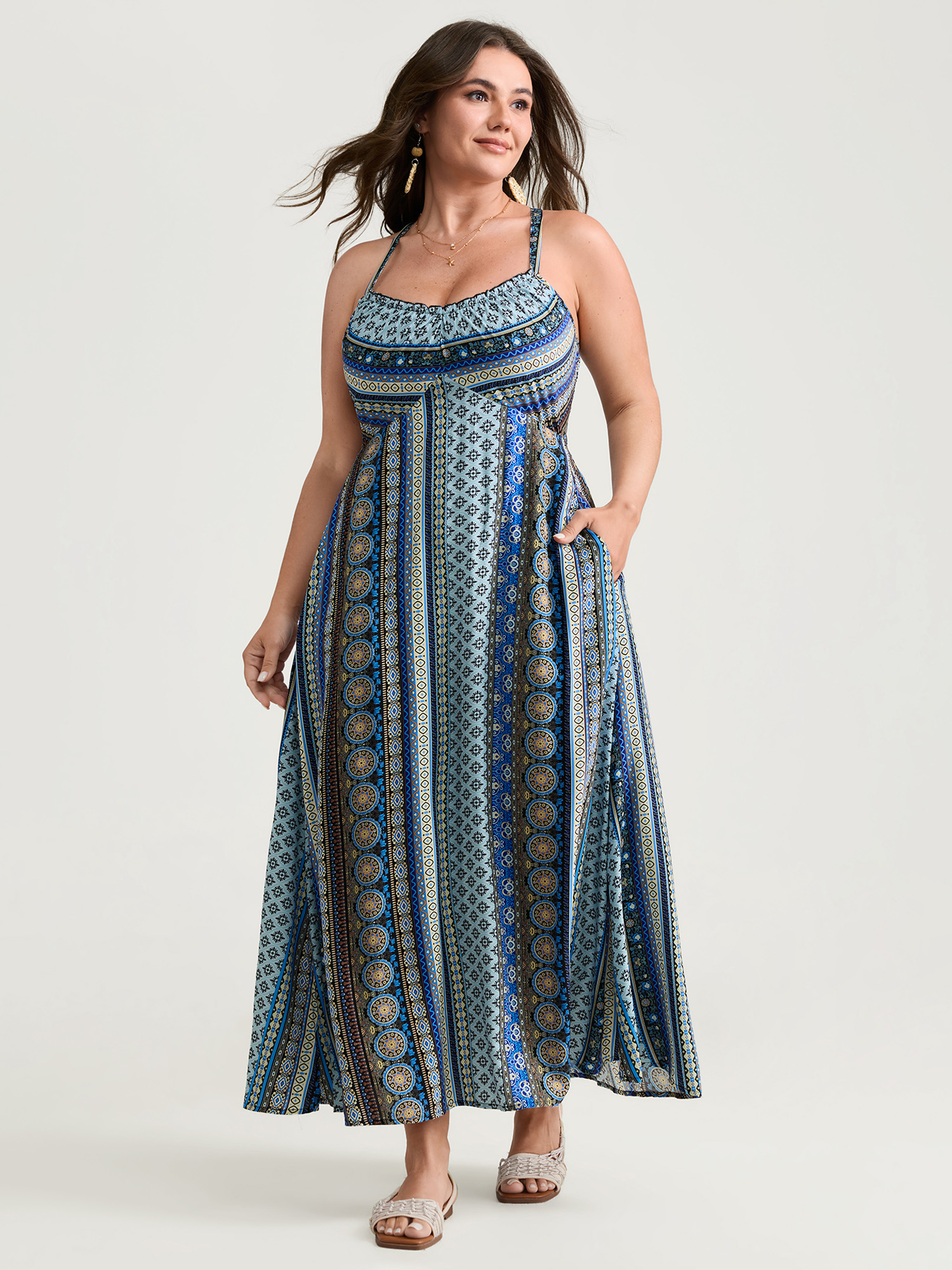 BloomChic Plus Size Boho Stripe Rayon Pockets Cami Maxi Dress - Curve Ladies Mediumblue Boho Sleeveless Bohemian print Side seam pocket Daily Dresses 14/M