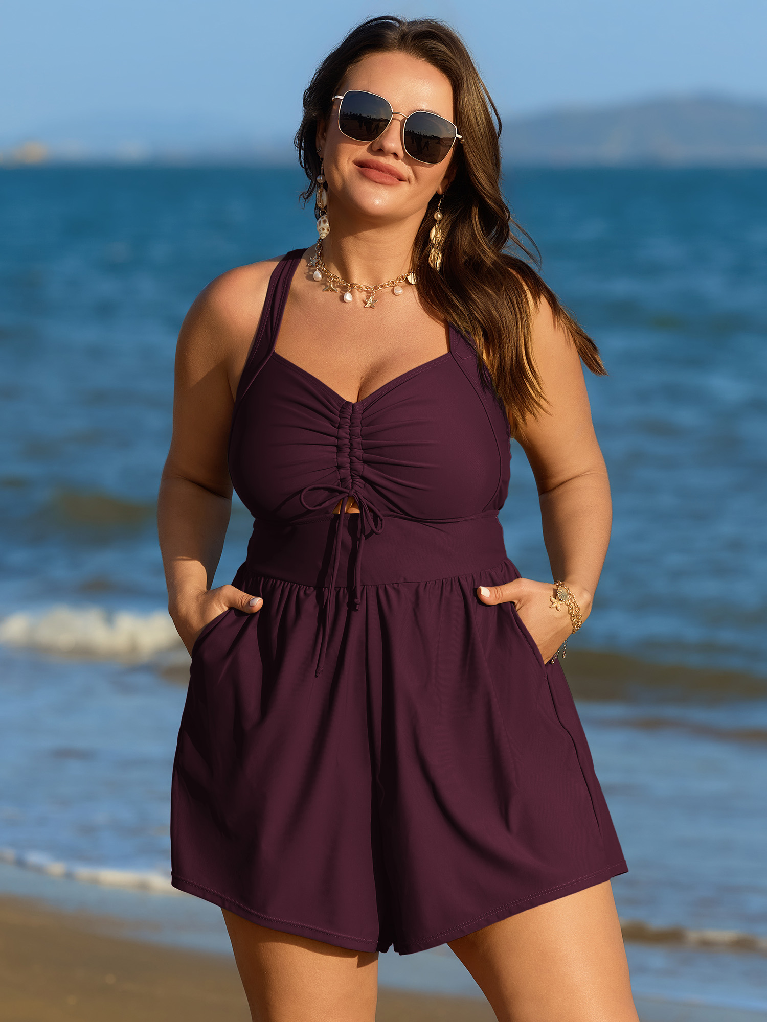 BloomChic Women's Plus Size Cut-Out Drawstring Pockets Swim Romper Plum Solid Ruched Adaptive-Fit 10/M