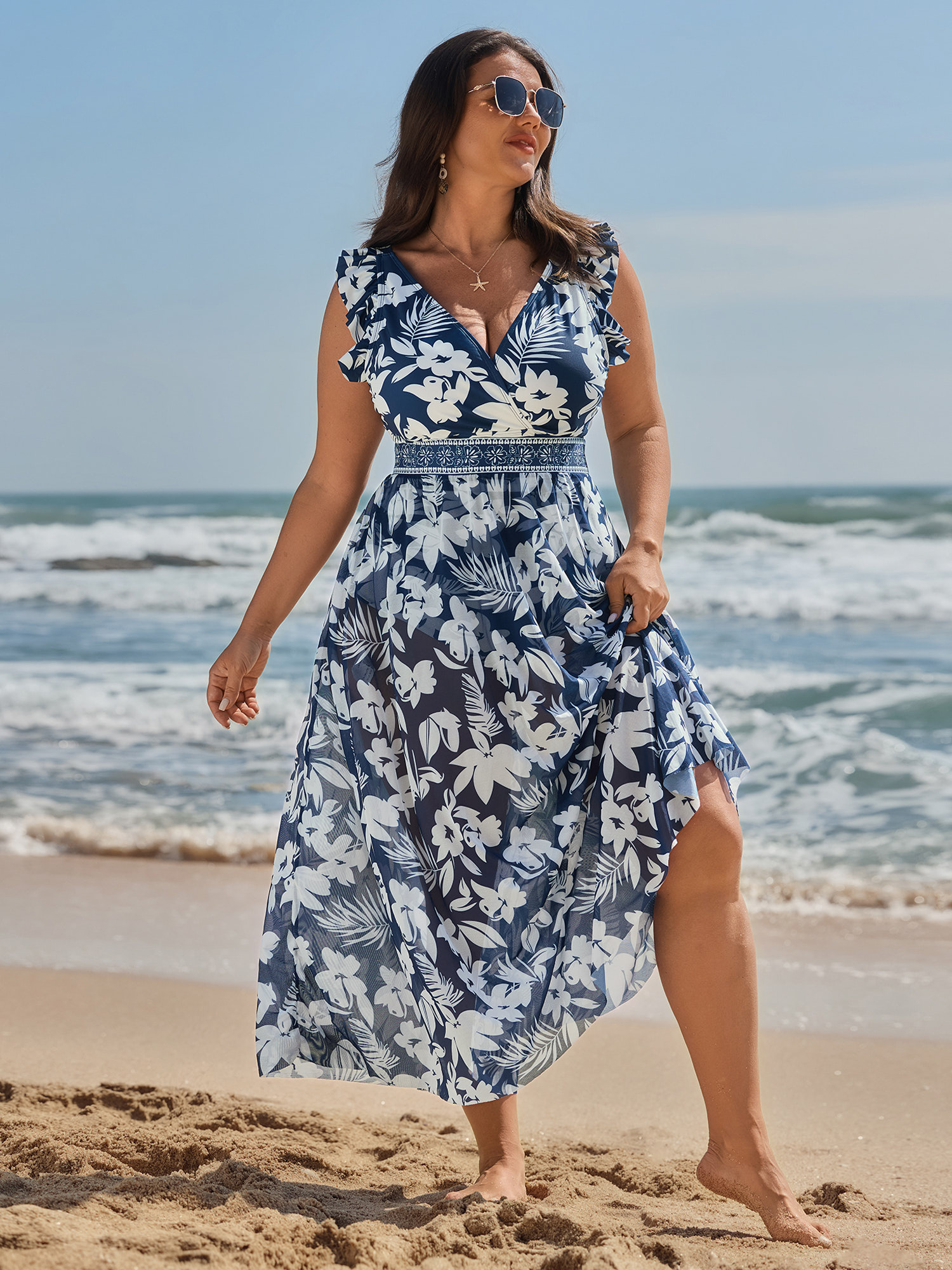 BloomChic Women's Plus Size Sarong Set Tropical Print One-Piece Swim Indigo Tropical Ruffles Contoured Hip Fit 10/M