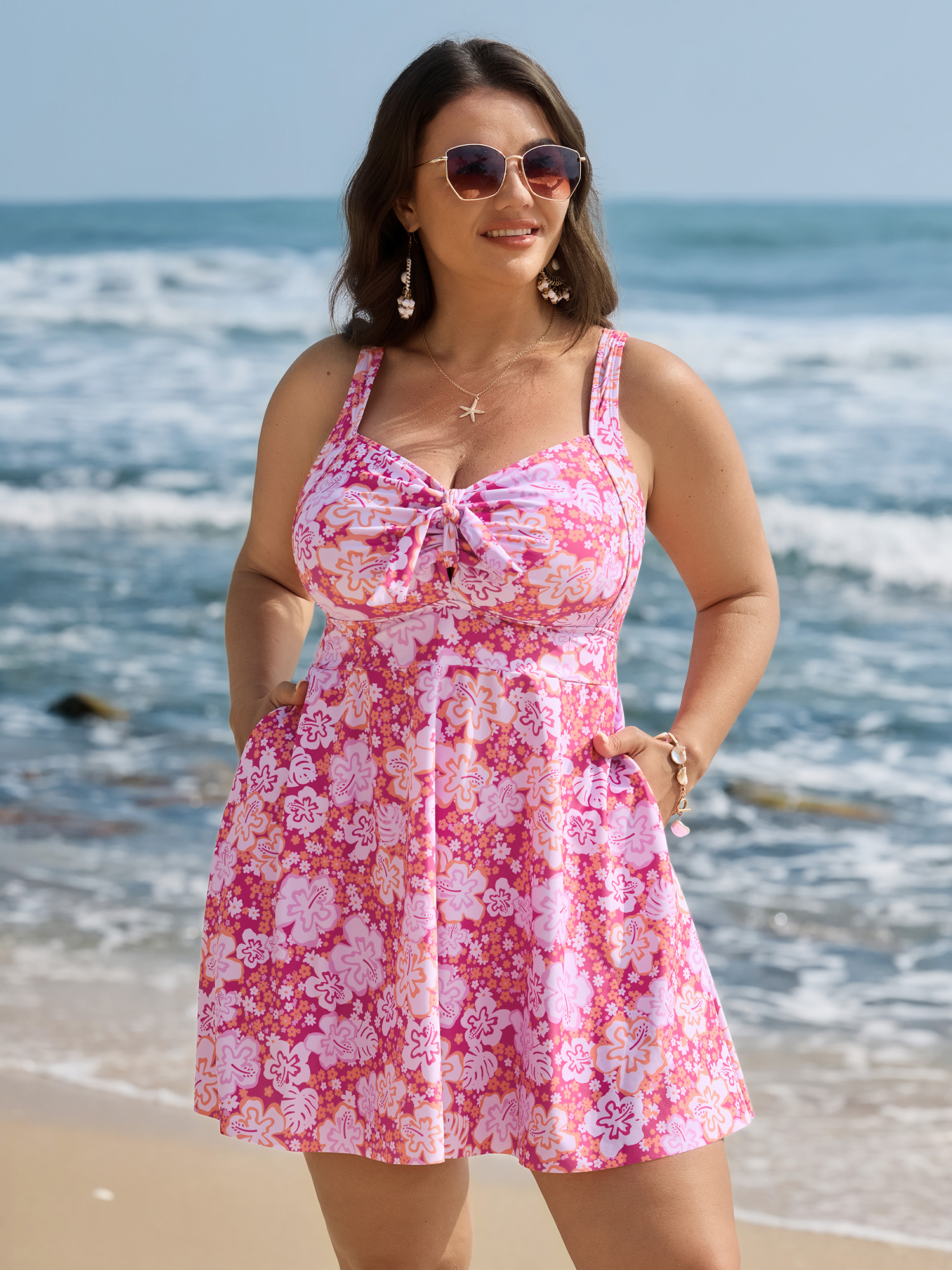BloomChic Women's Plus Size Paradise Floral Print Knotted Front Swim Dress Rosered Tropical Adaptive-Fit 10/M
